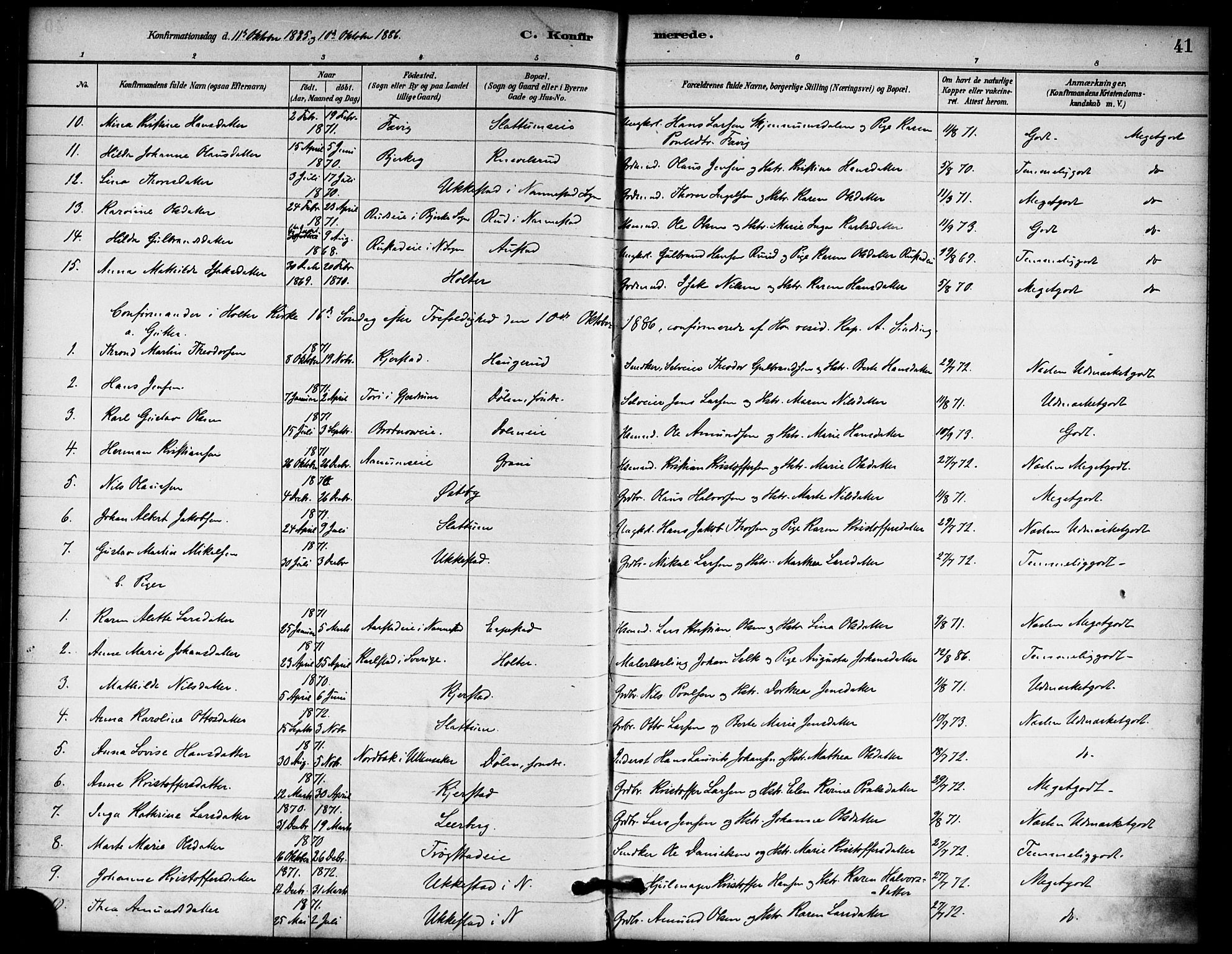 Nannestad prestekontor Kirkebøker, SAO/A-10414a/F/Fb/L0001: Parish register (official) no. II 1, 1881-1890, p. 41
