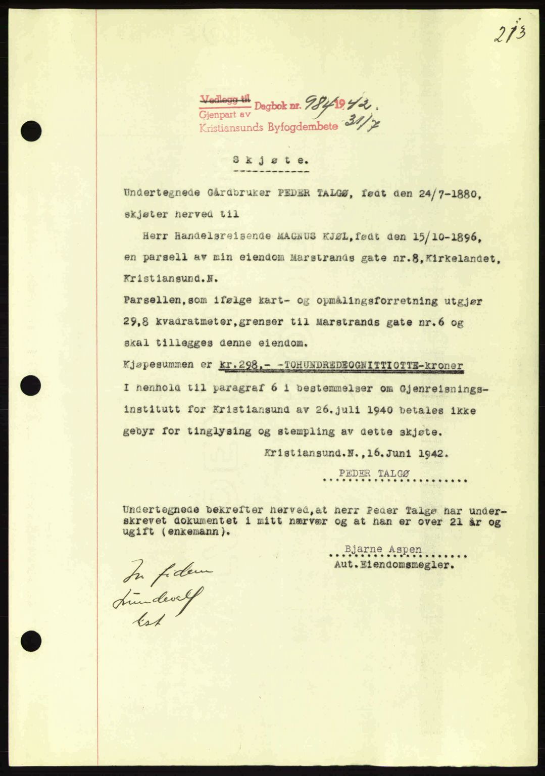 Kristiansund byfogd, AV/SAT-A-4587/A/27: Mortgage book no. 34, 1941-1945, Diary no: : 984/1942