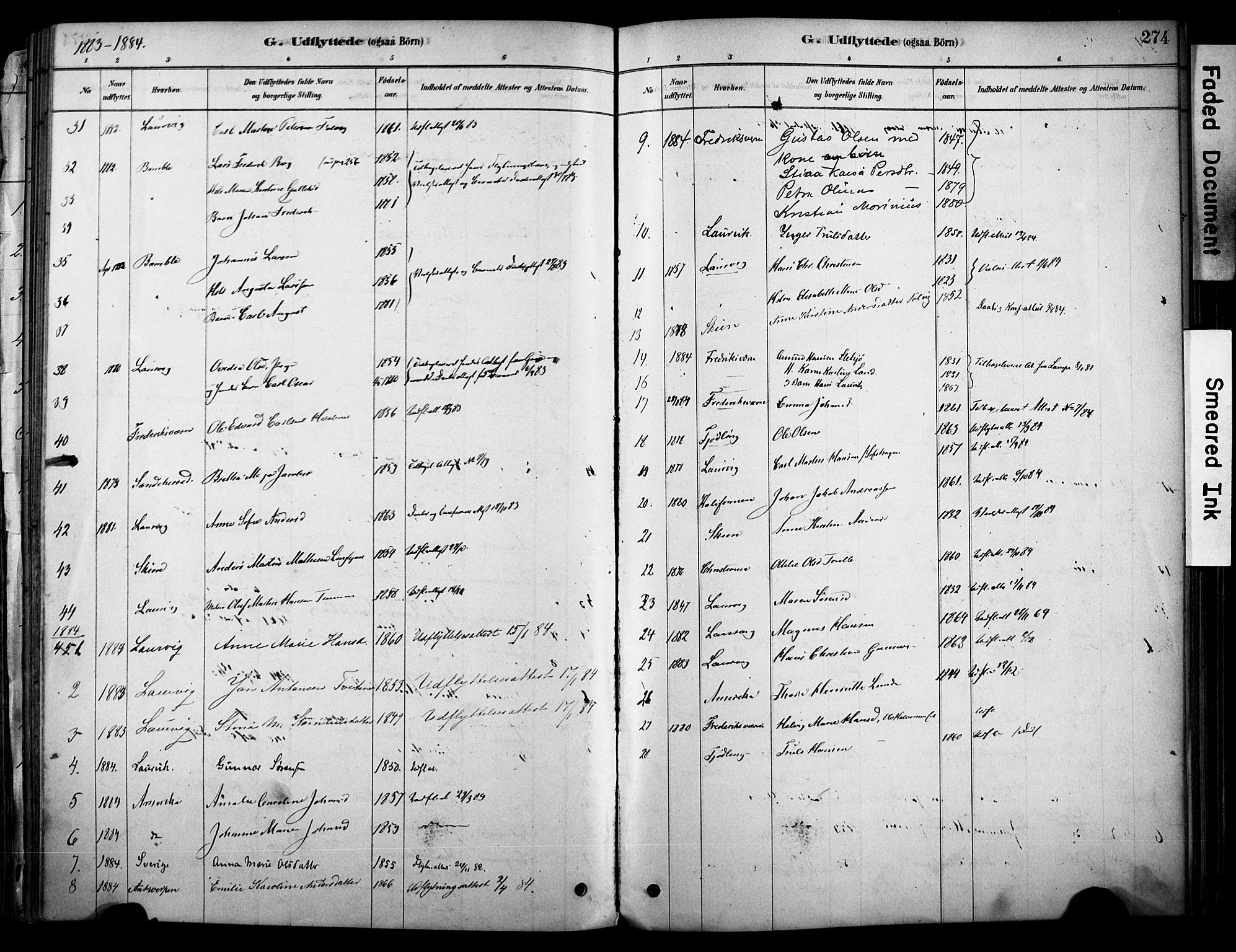 Brunlanes kirkebøker, AV/SAKO-A-342/F/Fc/L0001: Parish register (official) no. III 1, 1878-1899, p. 274