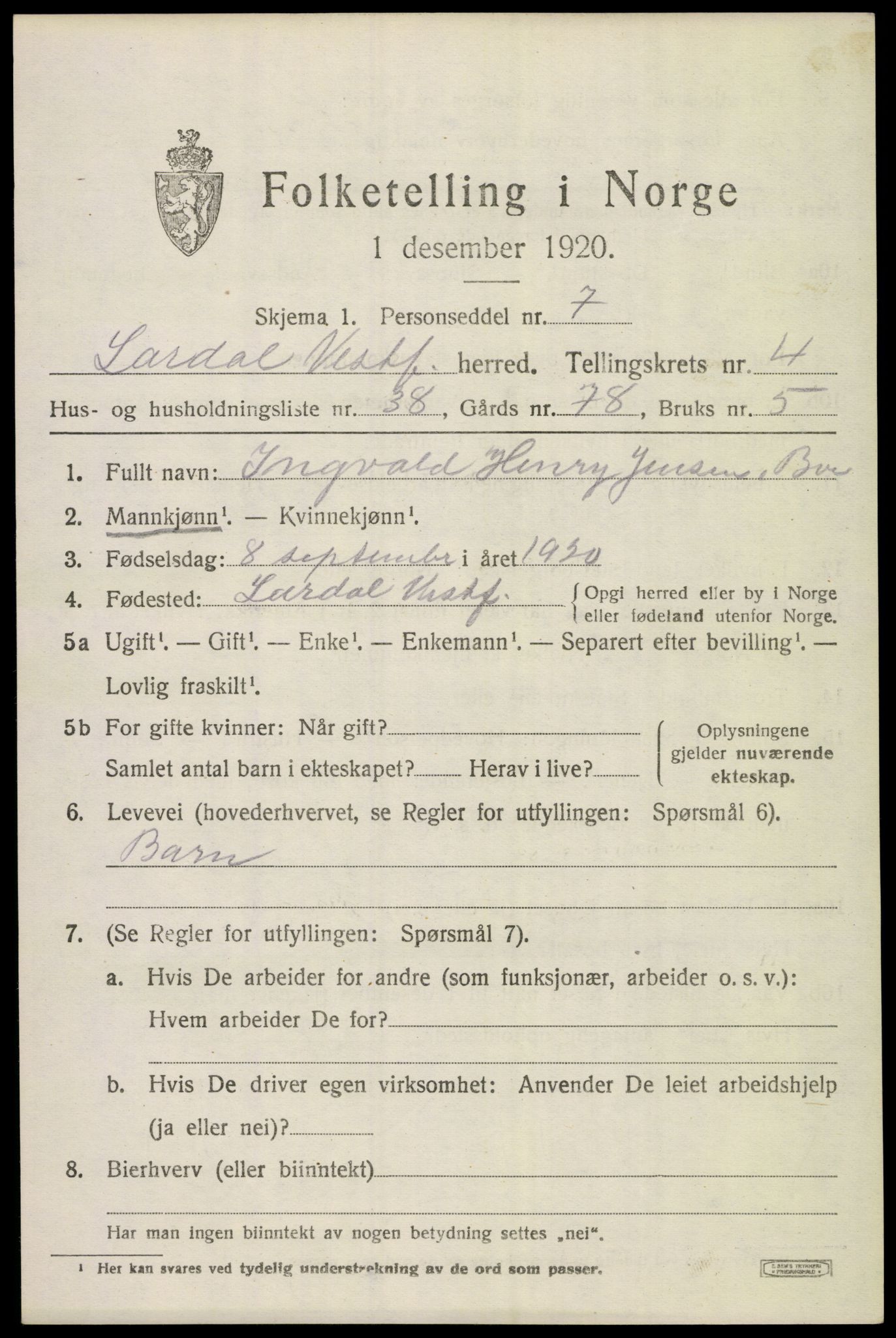 SAKO, 1920 census for Lardal, 1920, p. 3995