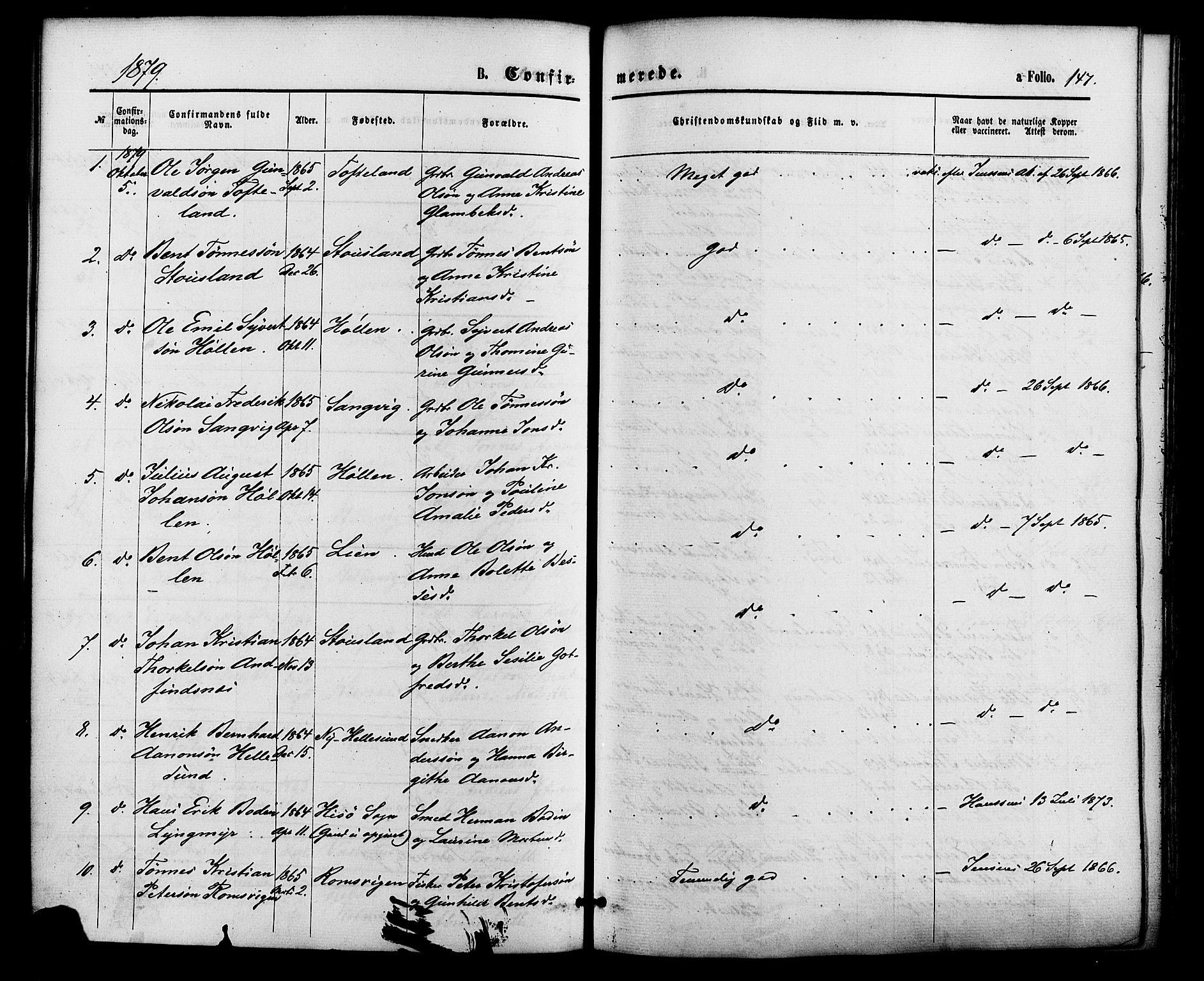 Søgne sokneprestkontor, SAK/1111-0037/F/Fa/Fab/L0011: Parish register (official) no. A 11, 1869-1879, p. 147