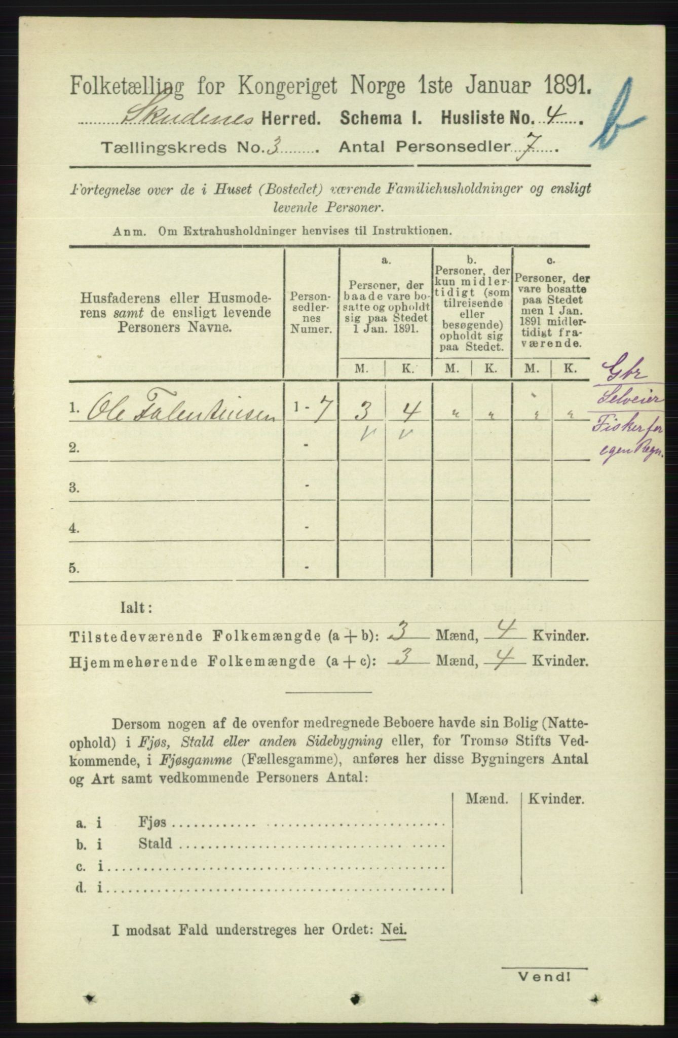 RA, 1891 census for 1150 Skudenes, 1891, p. 3914