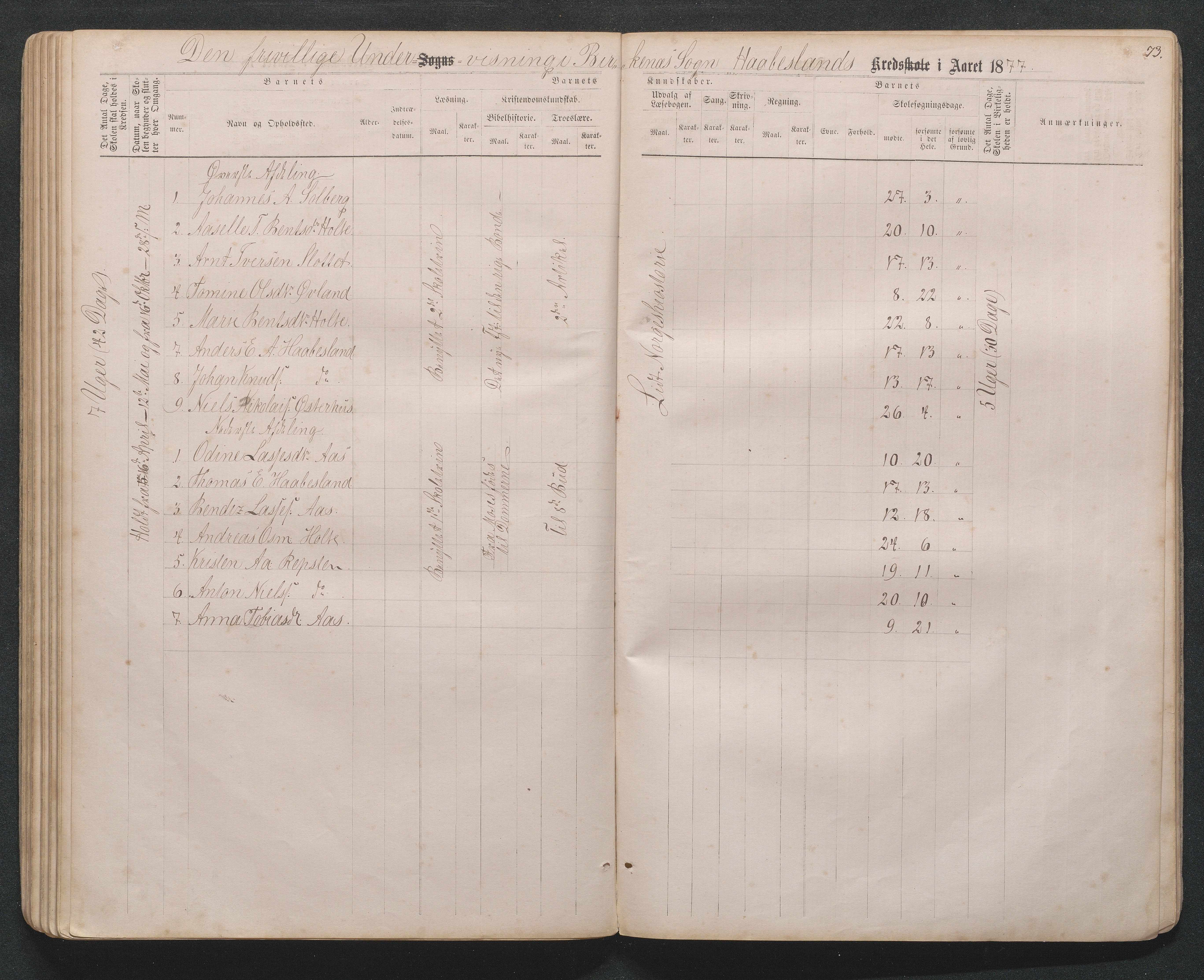 Birkenes kommune, Håbesland, Holte og Rislå skolekretser frem til 1991, AAKS/KA0928-550c_91/F02/L0001: Skoleprotokoll Håbesland, Holte og Rislå, 1868-1887, p. 73