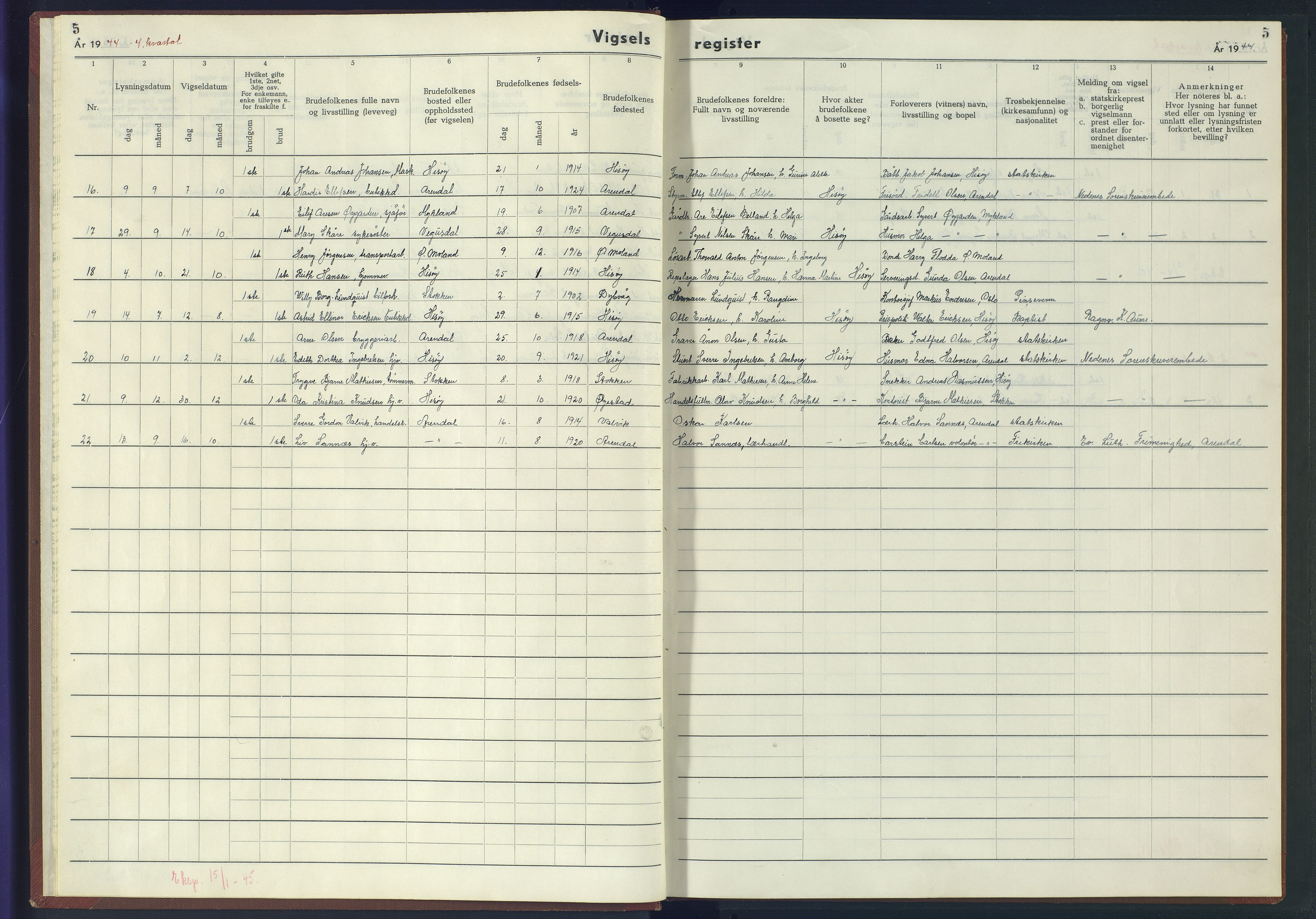 Hisøy sokneprestkontor, AV/SAK-1111-0020/J/Jb/L0002: Marriage register no. A-VI-5, 1943-1945, p. 5