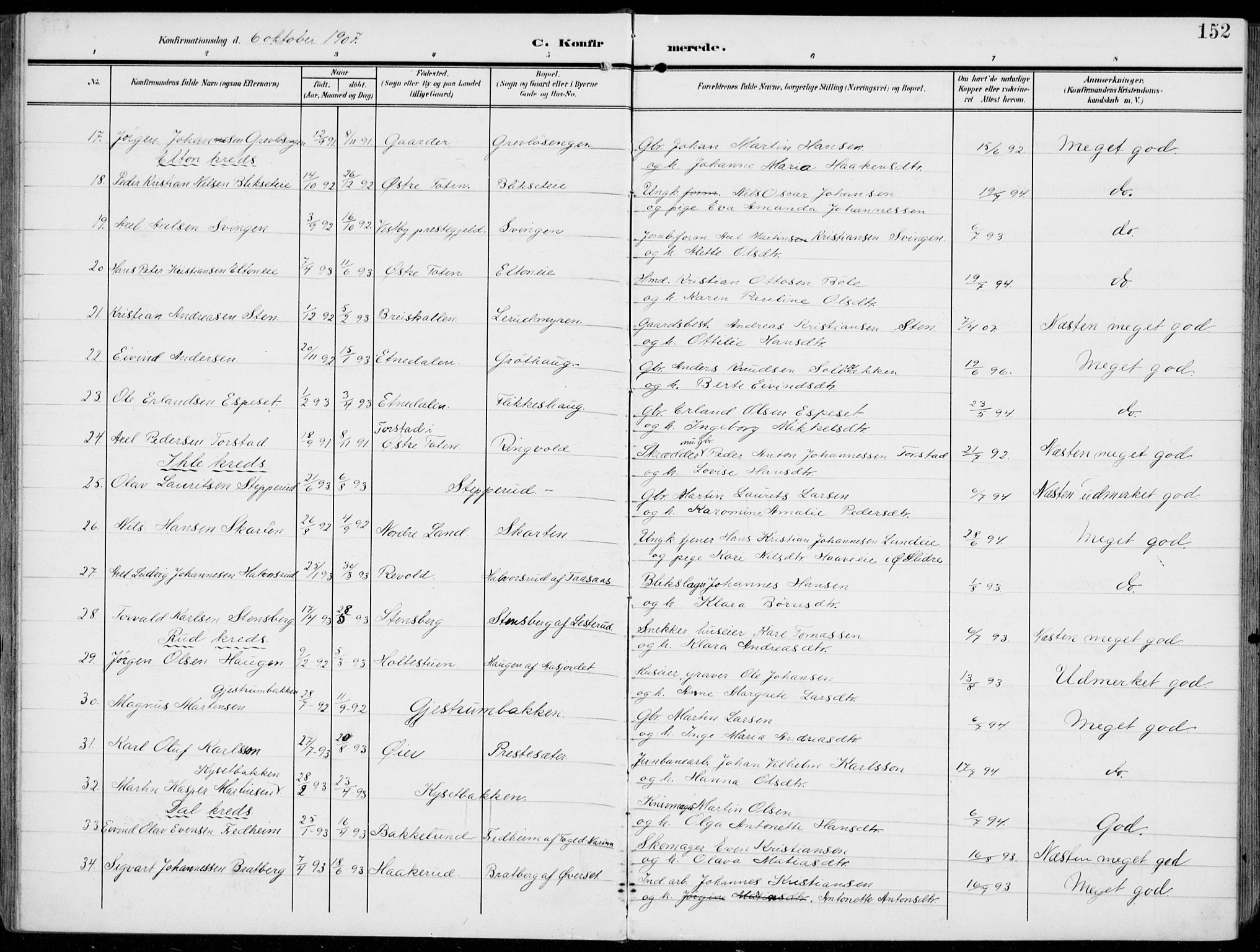 Vestre Toten prestekontor, AV/SAH-PREST-108/H/Ha/Haa/L0014: Parish register (official) no. 14, 1907-1920, p. 152