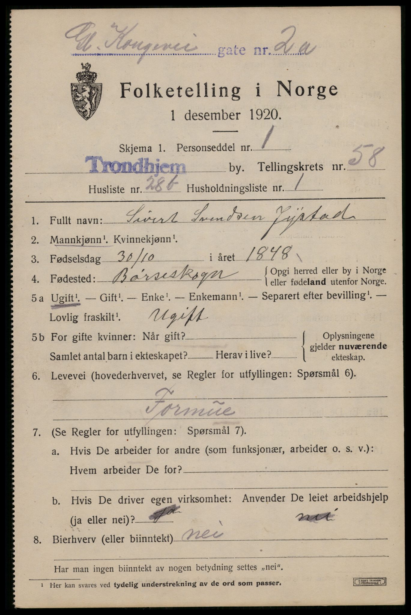 SAT, 1920 census for Trondheim, 1920, p. 118278