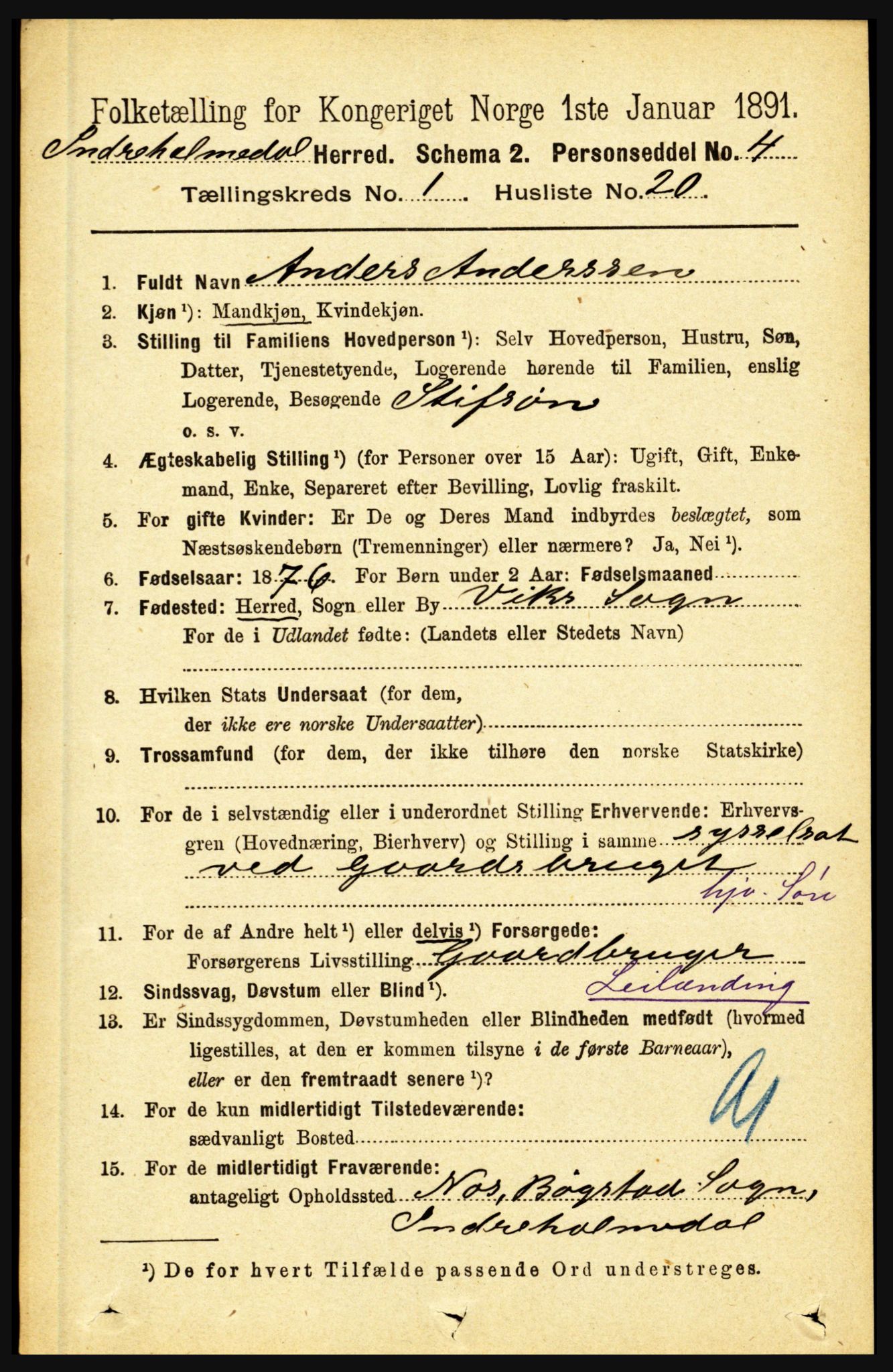 RA, 1891 census for 1430 Indre Holmedal, 1891, p. 210