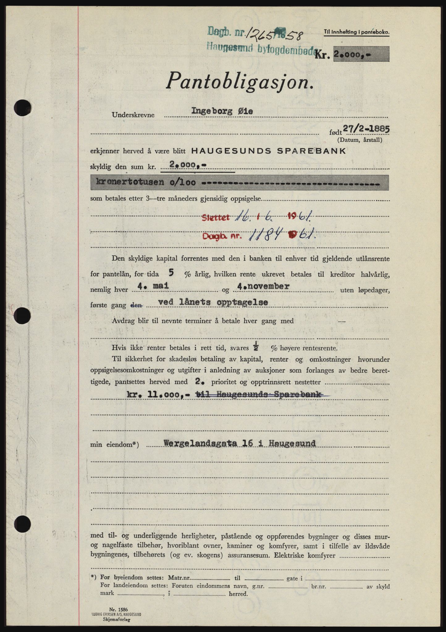 Haugesund tingrett, SAST/A-101415/01/II/IIC/L0044: Mortgage book no. B 44, 1958-1959, Diary no: : 1265/1958