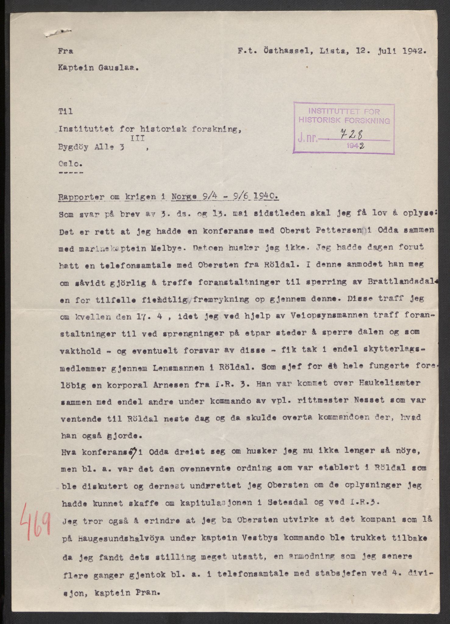Forsvaret, Forsvarets krigshistoriske avdeling, AV/RA-RAFA-2017/Y/Yb/L0108: II-C-11-466-499  -  4. Divisjon., 1940, p. 275
