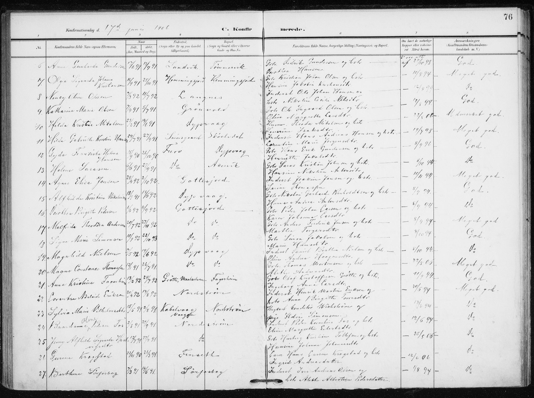 Tranøy sokneprestkontor, SATØ/S-1313/I/Ia/Iaa/L0012kirke: Parish register (official) no. 12, 1905-1918, p. 76