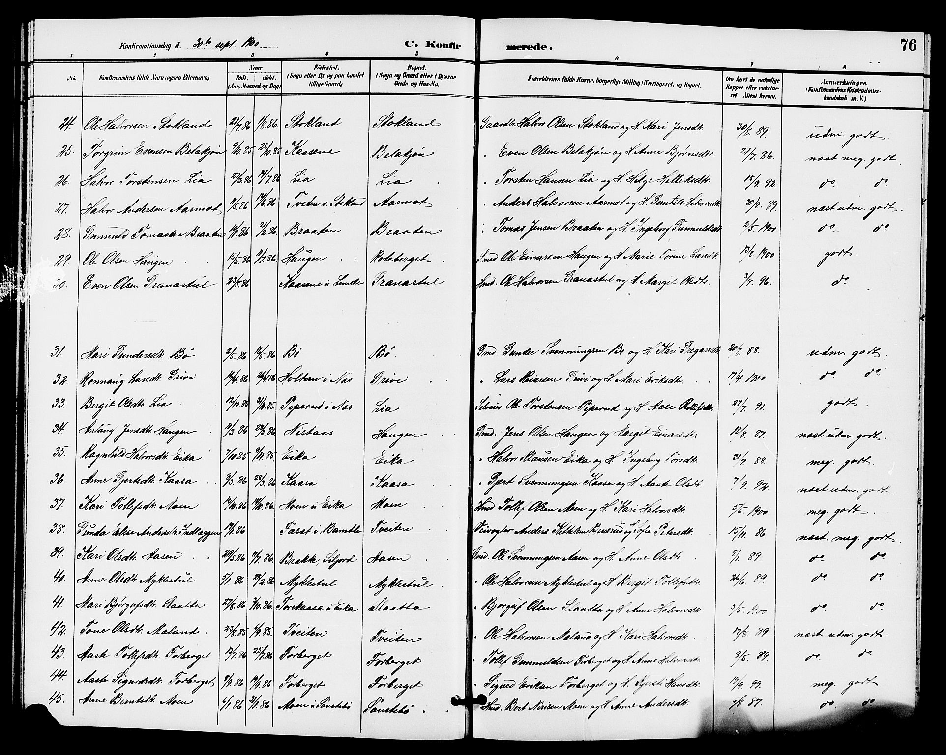 Bø kirkebøker, AV/SAKO-A-257/G/Ga/L0006: Parish register (copy) no. 6, 1898-1909, p. 76
