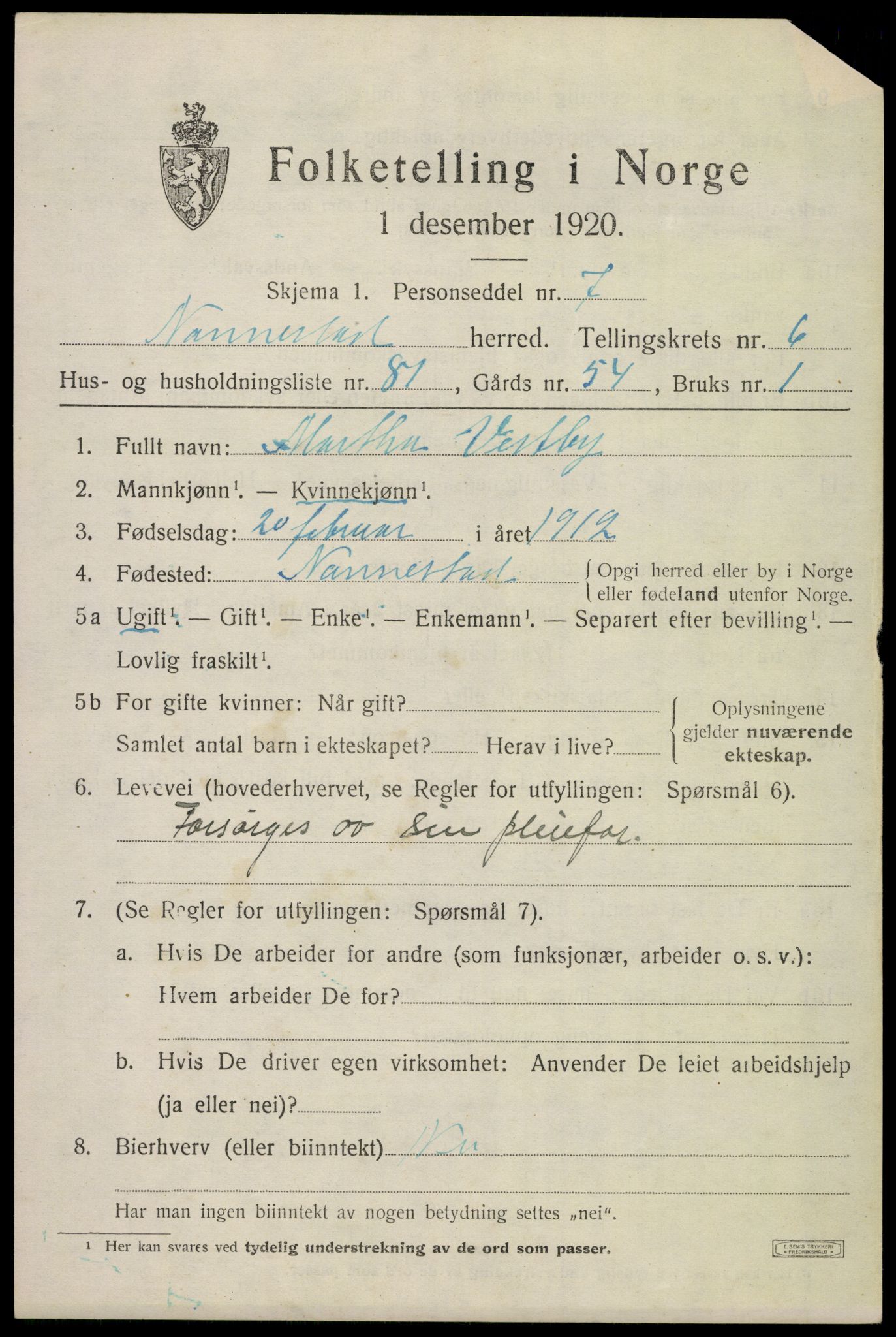 SAO, 1920 census for Nannestad, 1920, p. 8582