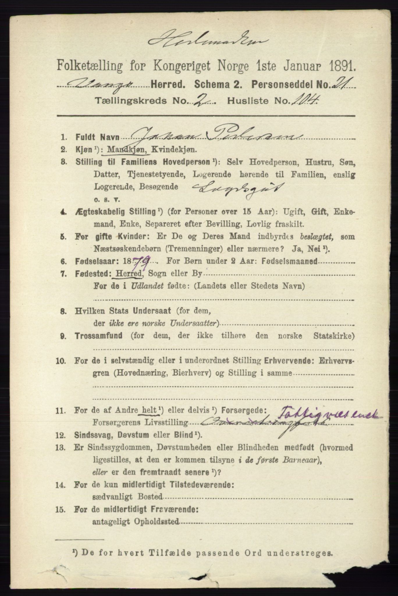 RA, 1891 census for 0414 Vang, 1891, p. 1747