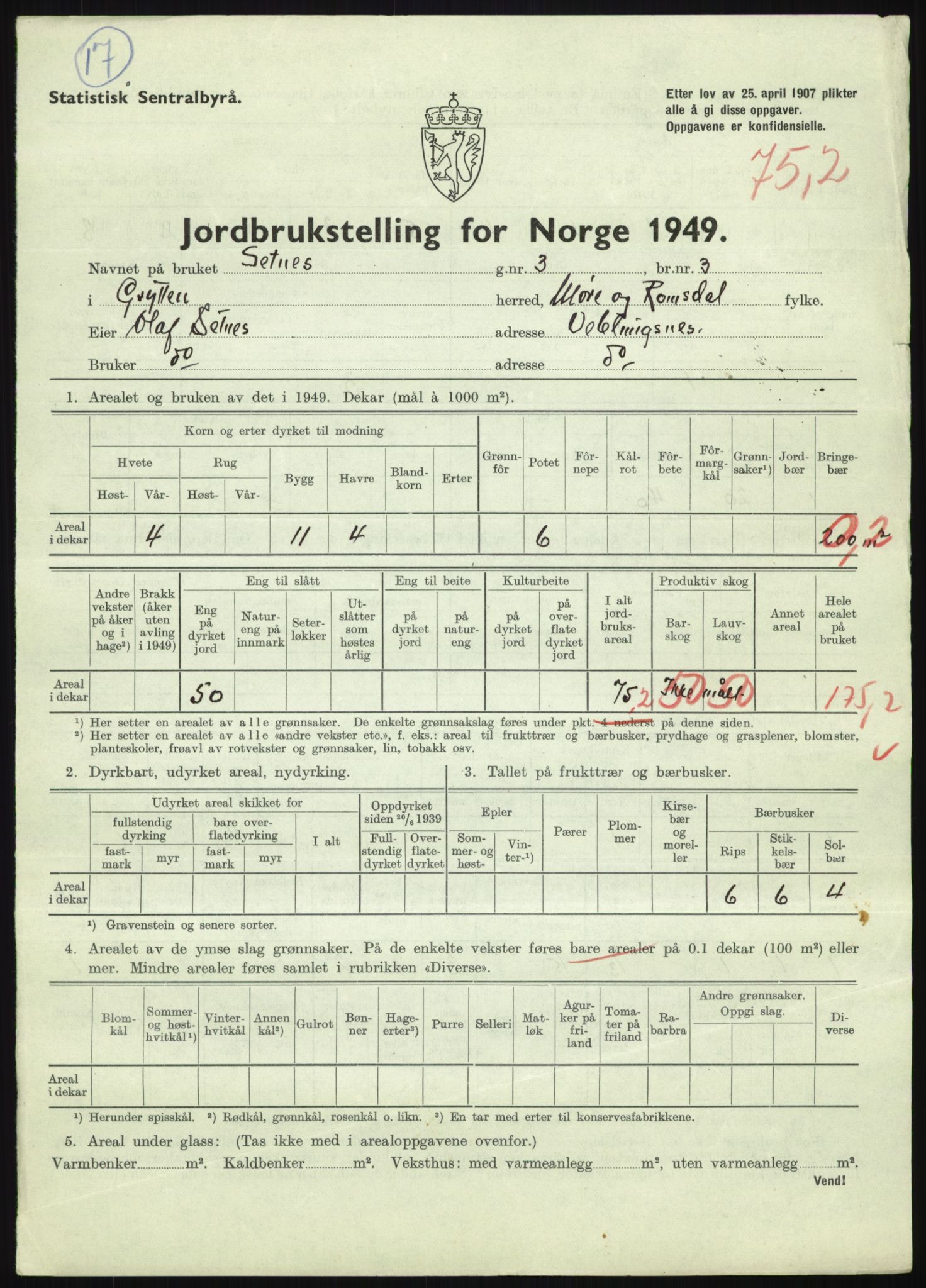 Statistisk sentralbyrå, Næringsøkonomiske emner, Jordbruk, skogbruk, jakt, fiske og fangst, AV/RA-S-2234/G/Gc/L0323: Møre og Romsdal: Grytten og Hen, 1949, p. 325