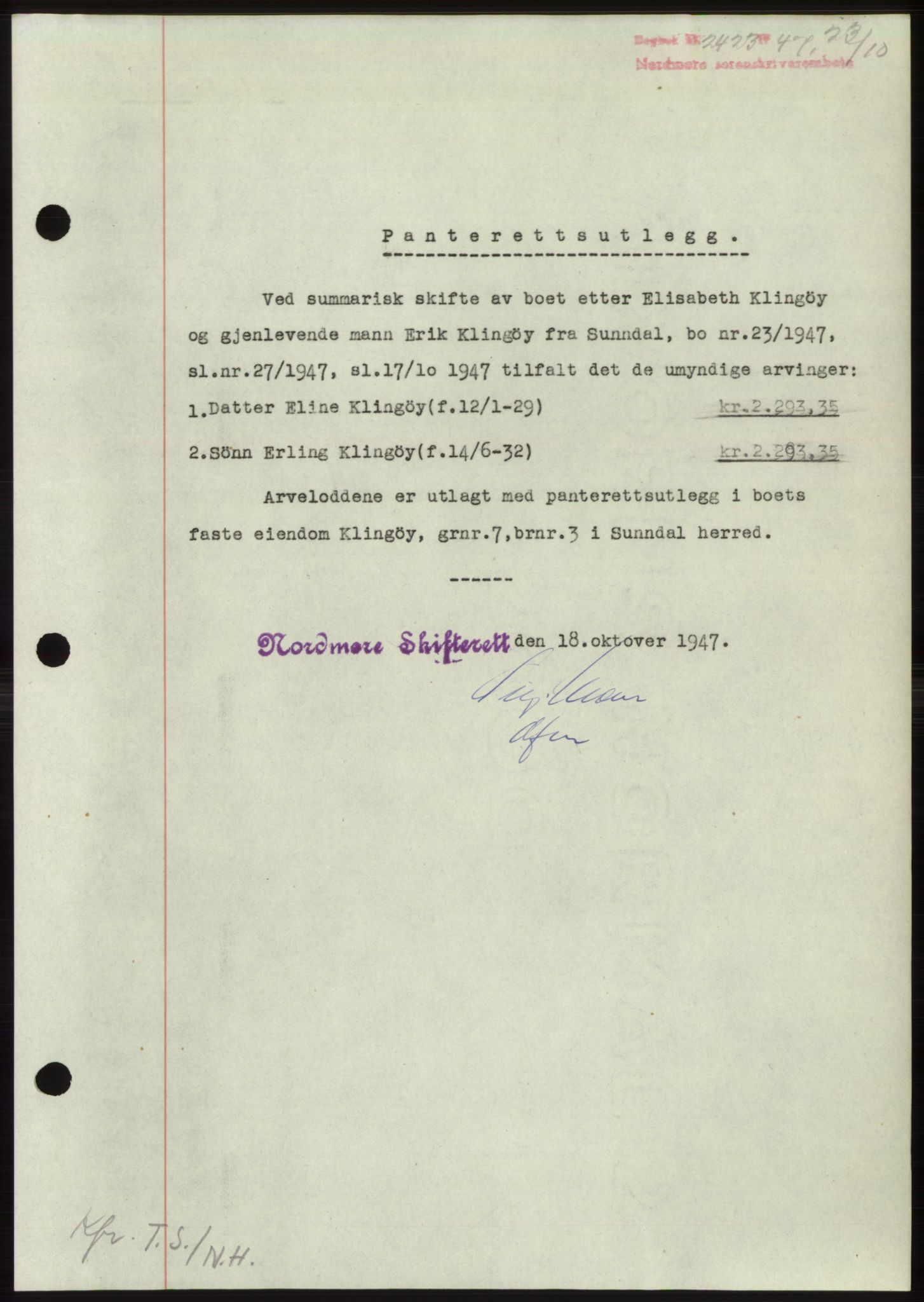 Nordmøre sorenskriveri, AV/SAT-A-4132/1/2/2Ca: Mortgage book no. B97, 1947-1948, Diary no: : 2423/1947