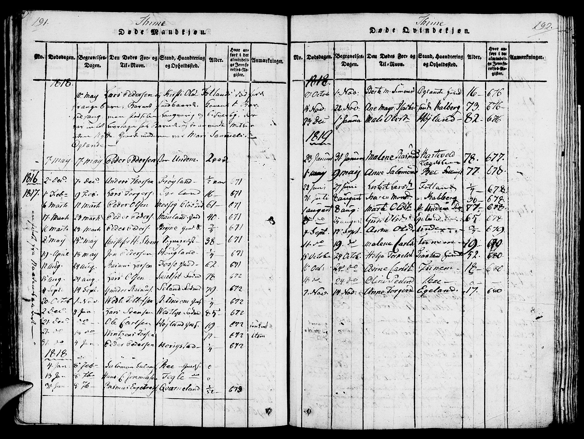 Lye sokneprestkontor, SAST/A-101794/001/30/30BA/L0003: Parish register (official) no. A 3 /1, 1816-1826, p. 191-192