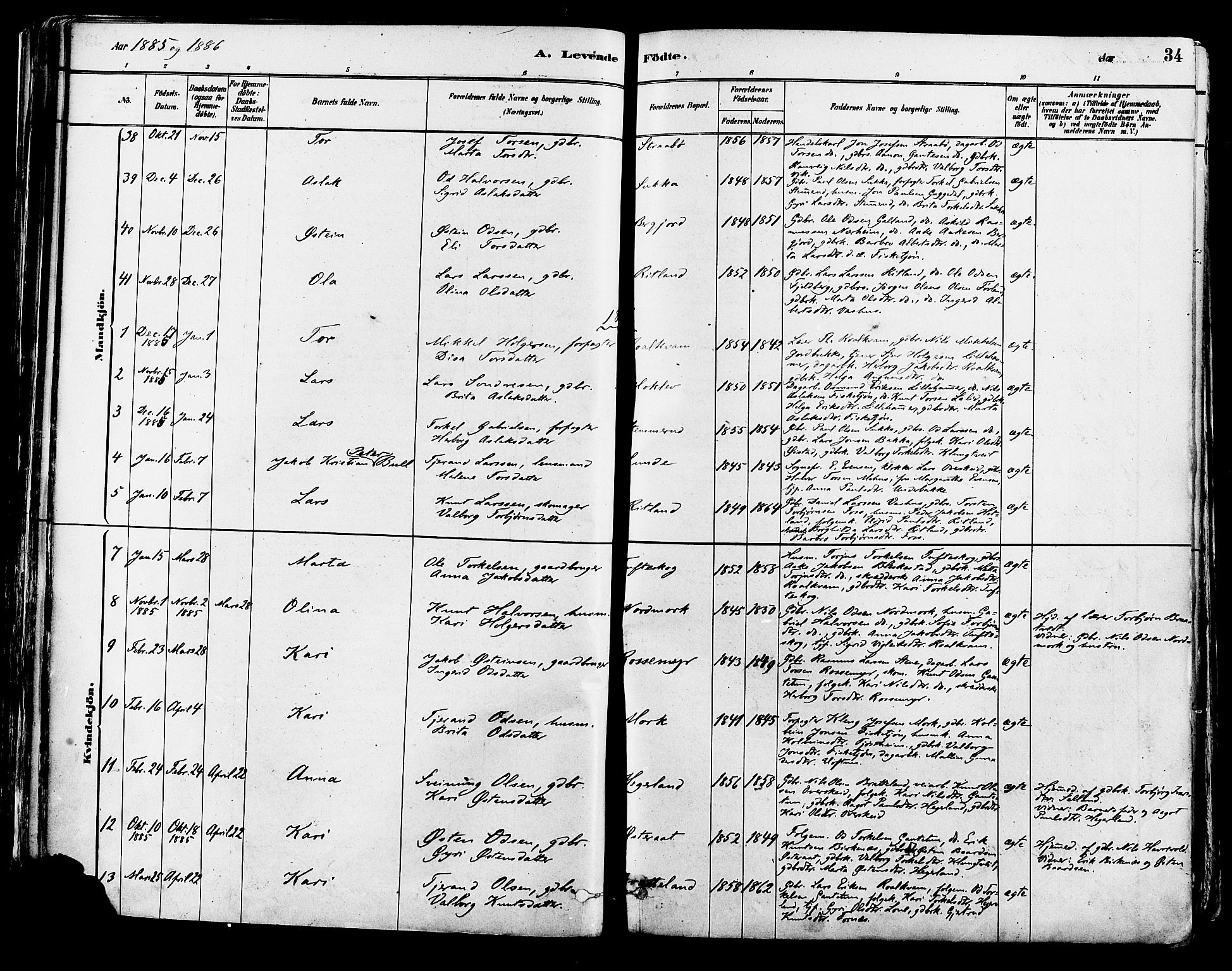 Suldal sokneprestkontor, AV/SAST-A-101845/01/IV/L0011: Parish register (official) no. A 11, 1878-1900, p. 34