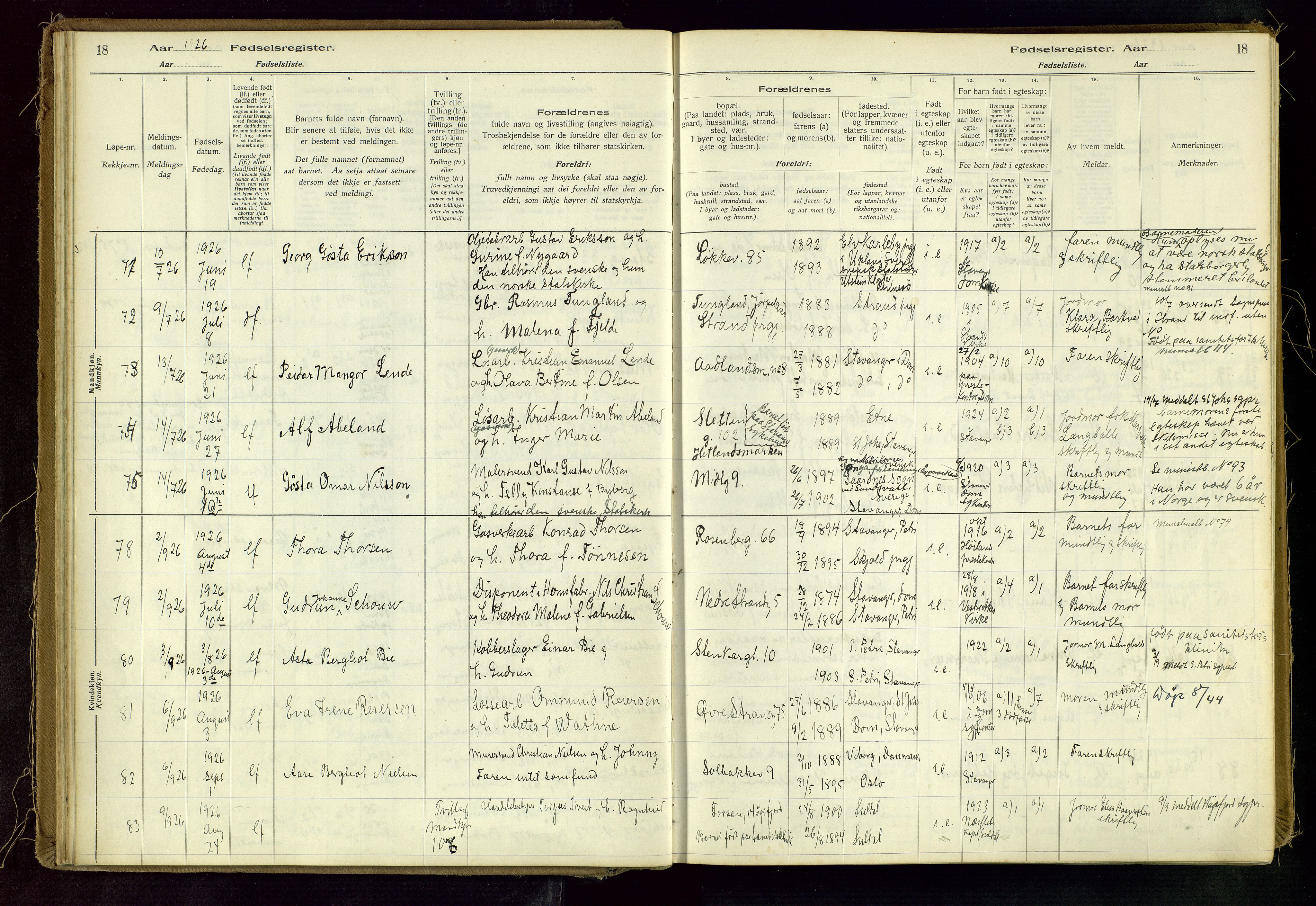 Domkirken sokneprestkontor, AV/SAST-A-101812/002/A/L0001: Birth register no. 1, 1925-1932, p. 18