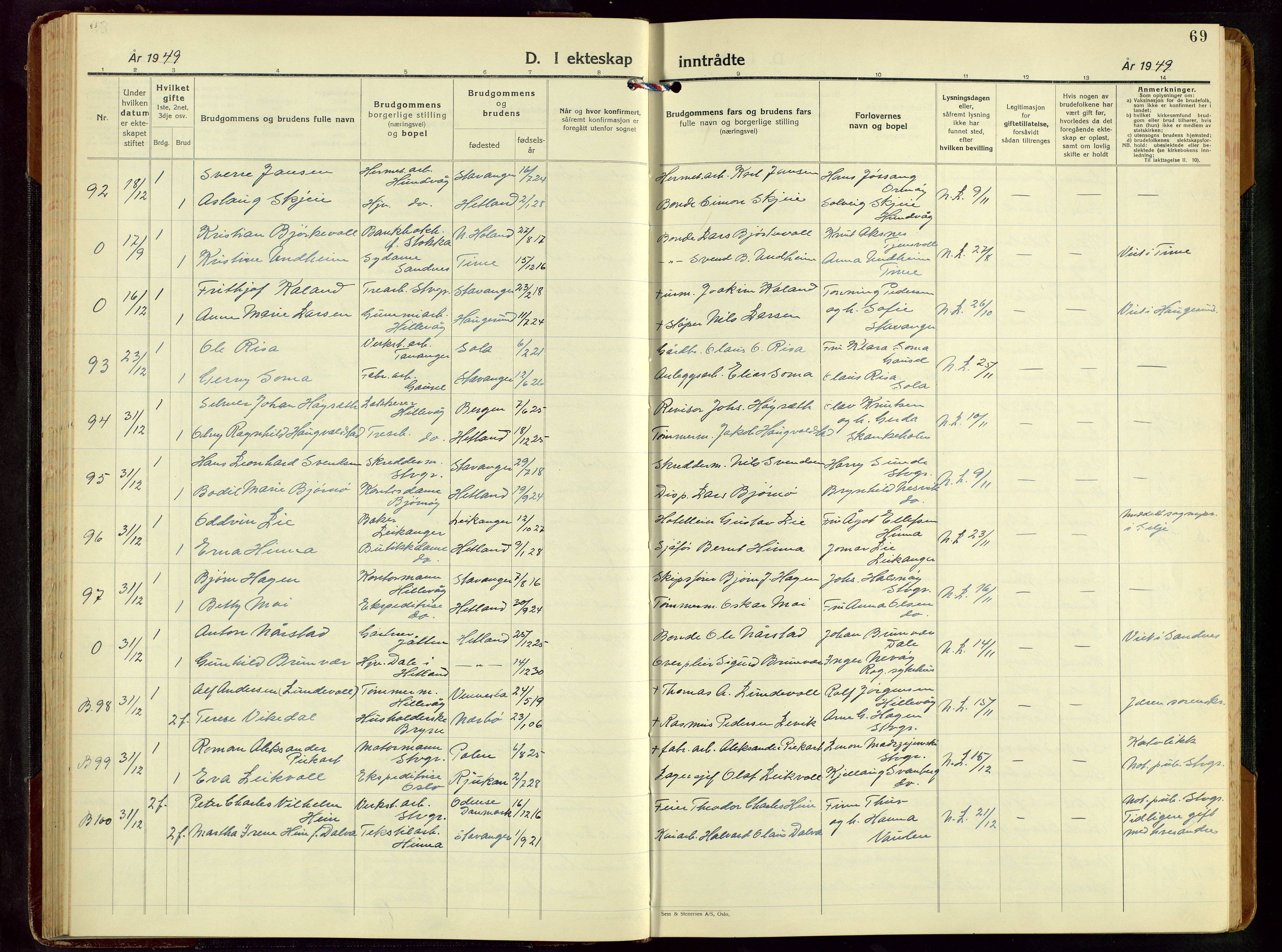 Hetland sokneprestkontor, SAST/A-101826/30/30BB/L0016: Parish register (copy) no. B 16, 1942-1960, p. 69