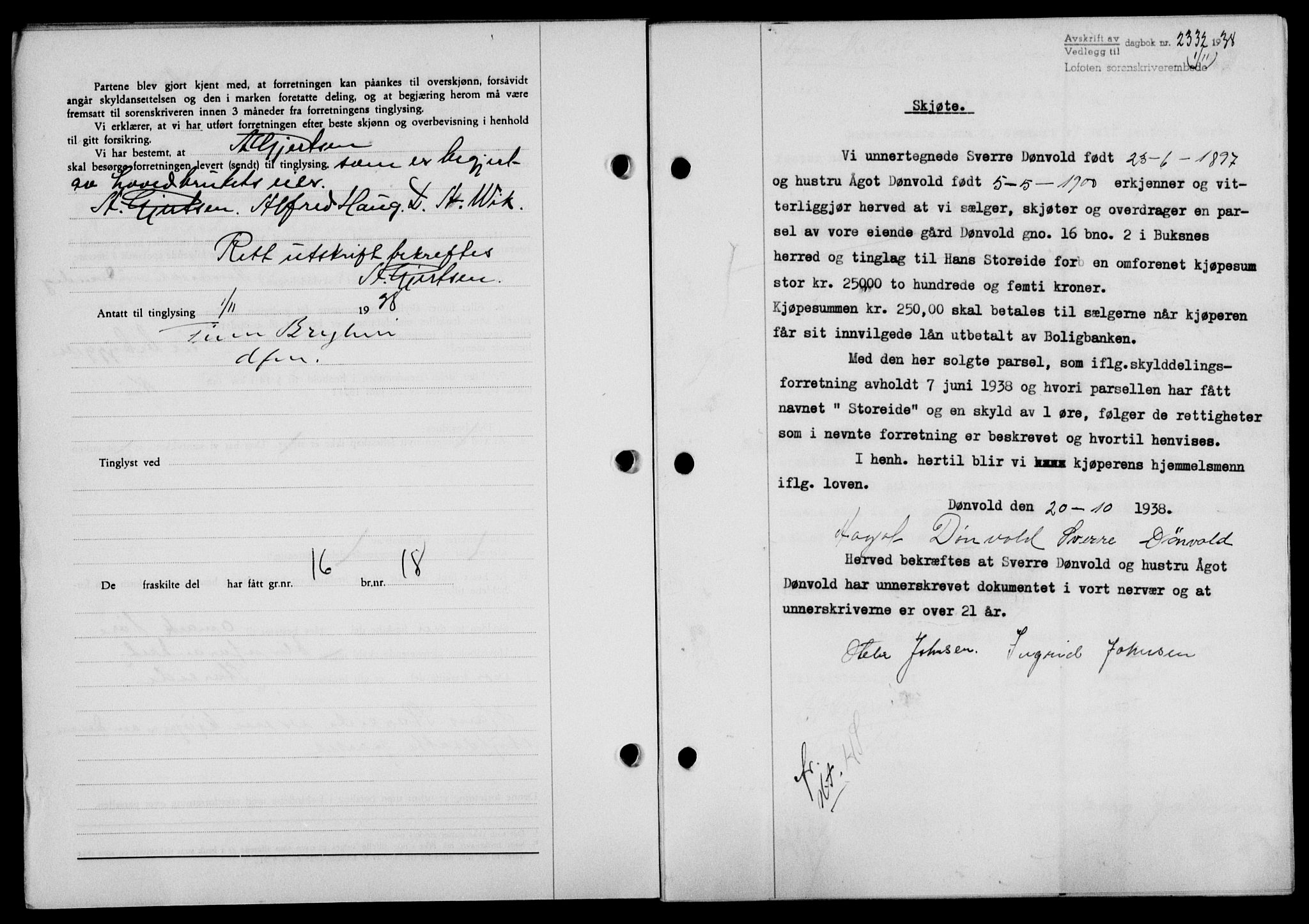 Lofoten sorenskriveri, SAT/A-0017/1/2/2C/L0004a: Mortgage book no. 4a, 1938-1938, Diary no: : 2332/1938
