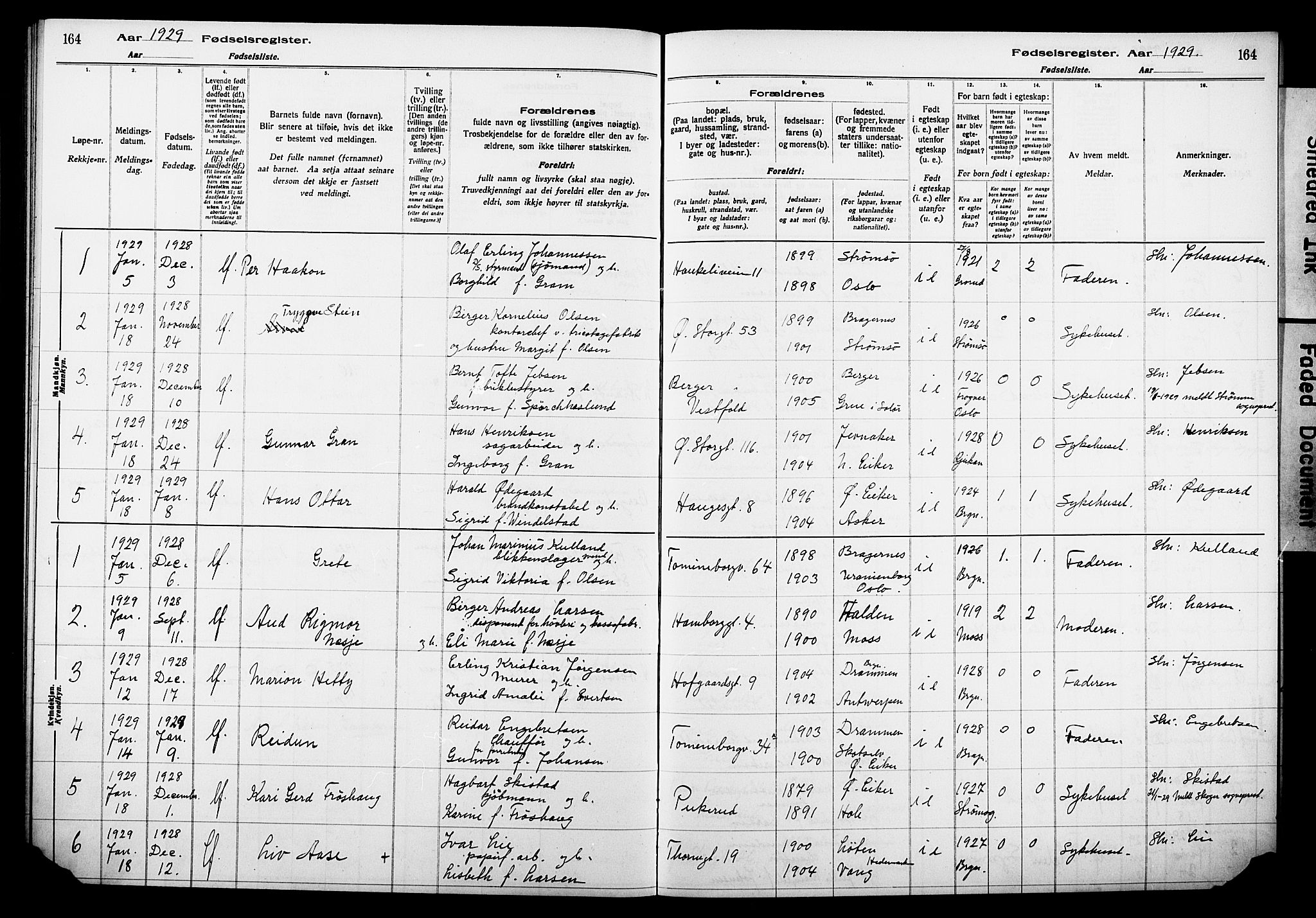 Bragernes kirkebøker, AV/SAKO-A-6/J/Ja/L0002: Birth register no. 2, 1922-1930, p. 164