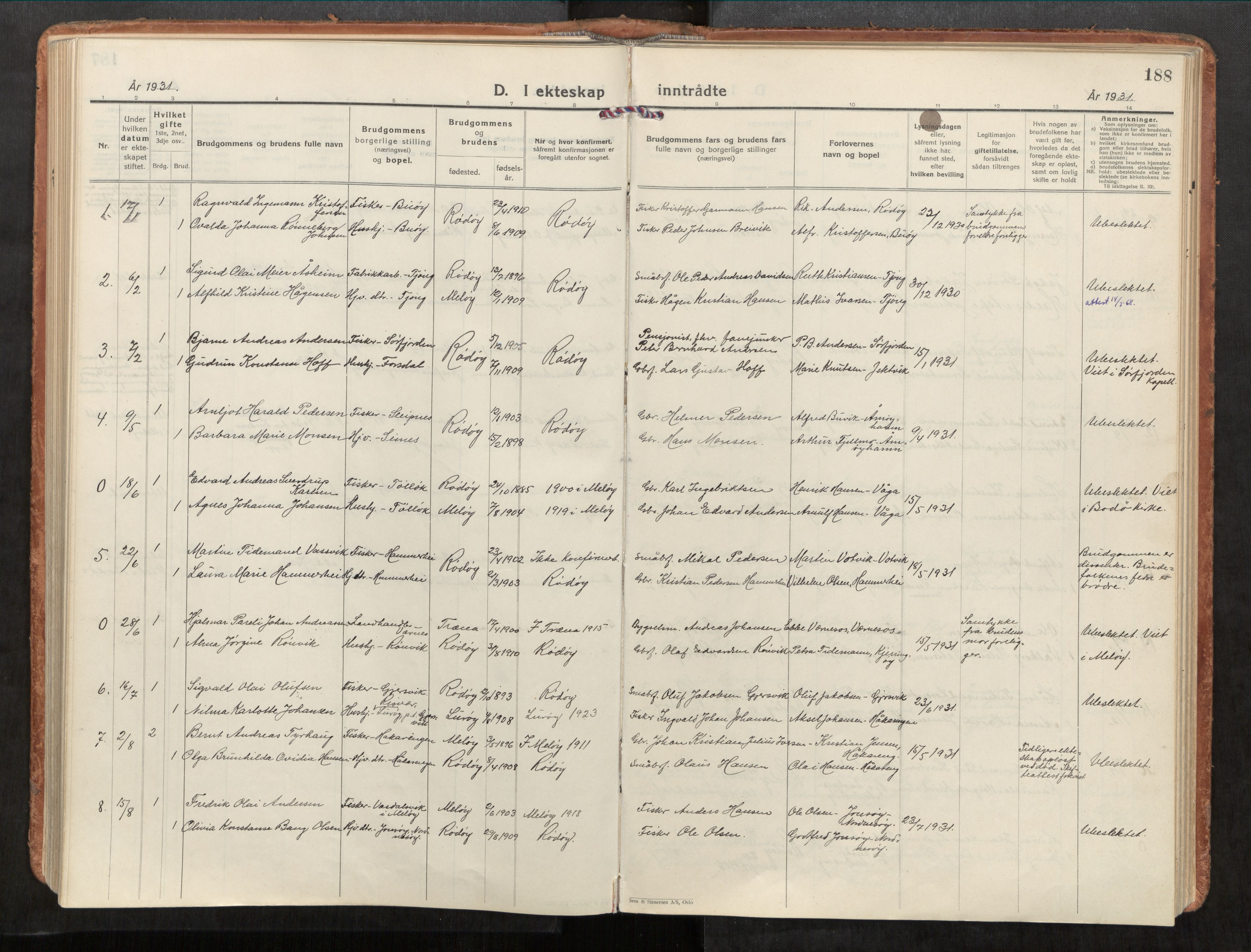 Rødøy sokneprestkontor, AV/SAT-A-4397/2/H/Ha/Haa/L0001: Parish register (official) no. 1, 1926-1941, p. 188