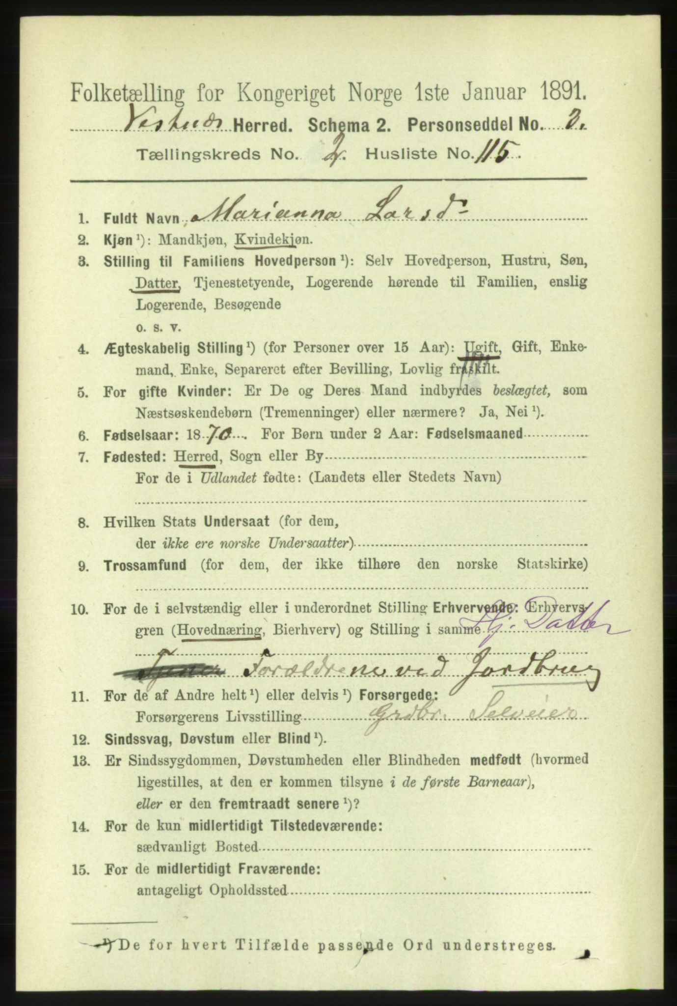 RA, 1891 census for 1535 Vestnes, 1891, p. 794