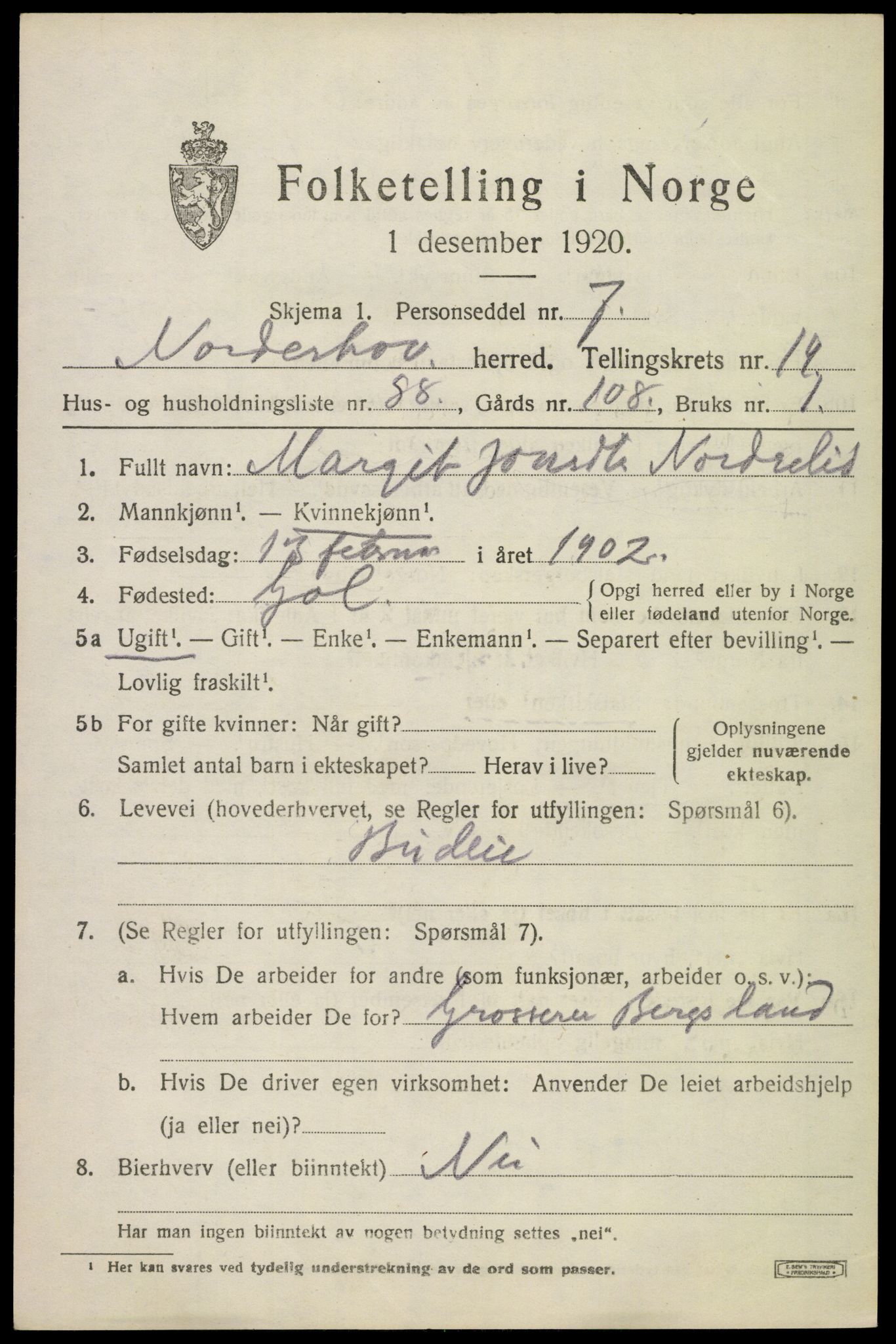 SAKO, 1920 census for Norderhov, 1920, p. 21340