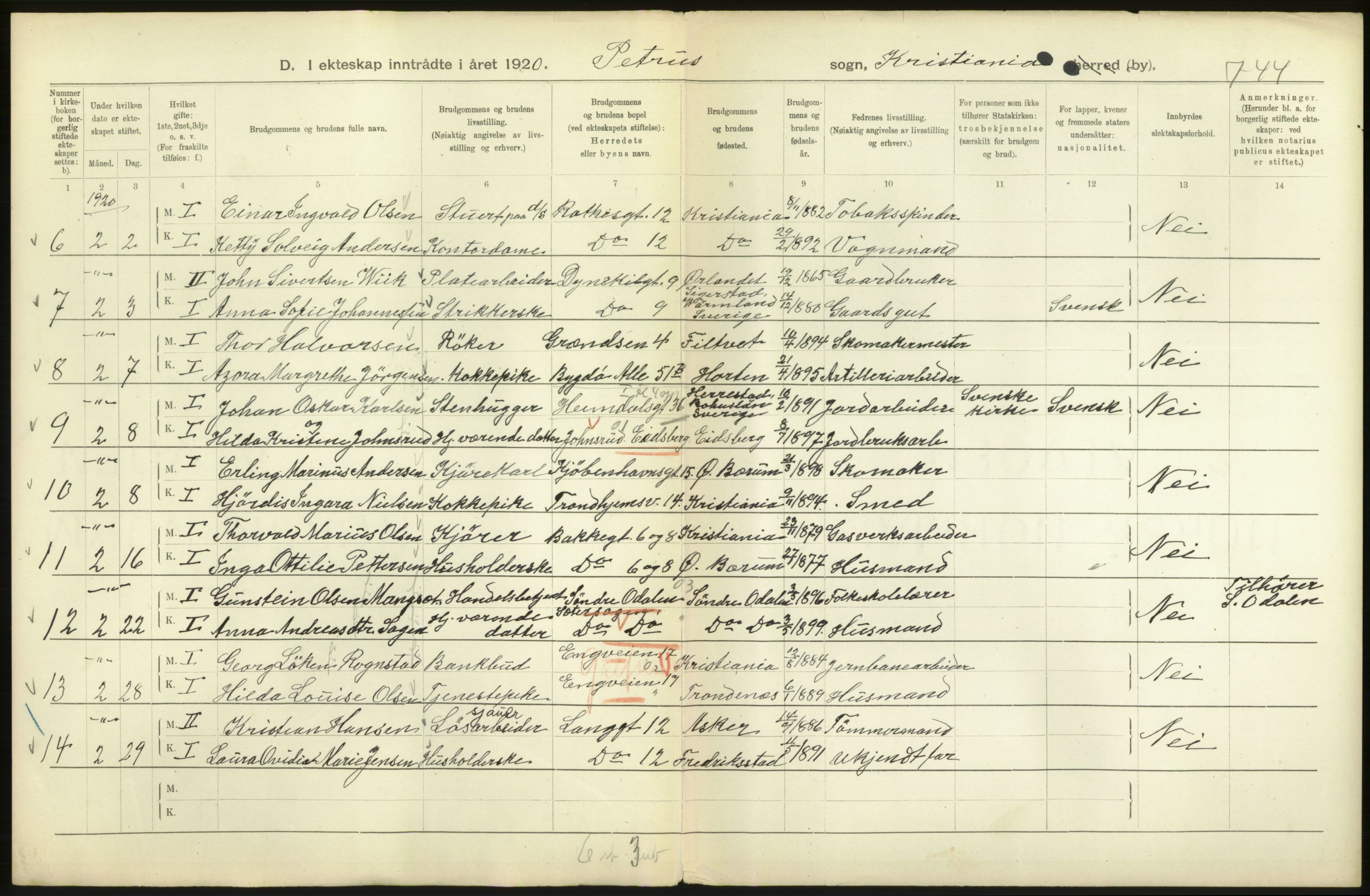 Statistisk sentralbyrå, Sosiodemografiske emner, Befolkning, AV/RA-S-2228/D/Df/Dfb/Dfbj/L0011: Kristiania: Gifte, 1920