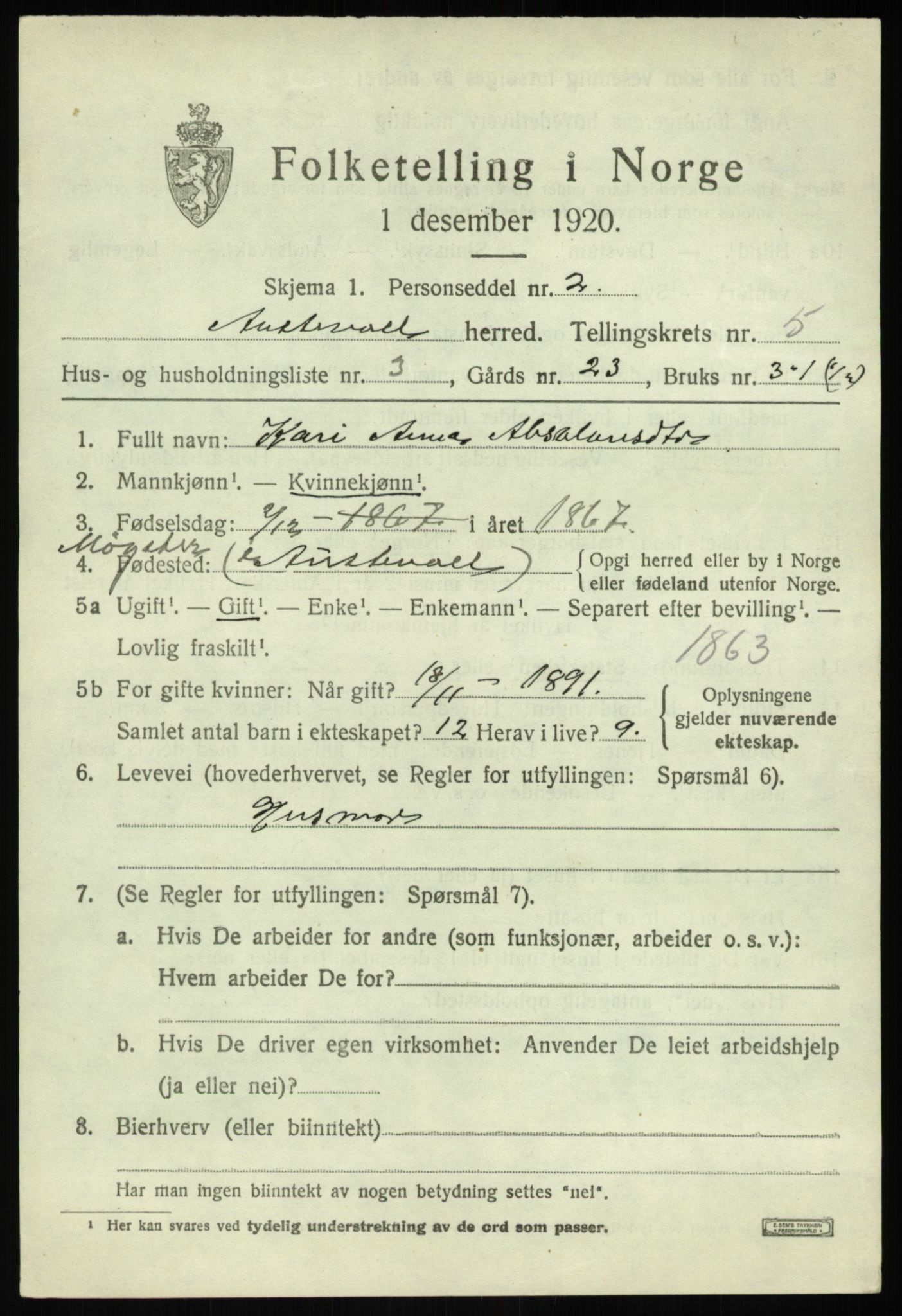 SAB, 1920 census for Austevoll, 1920, p. 2968