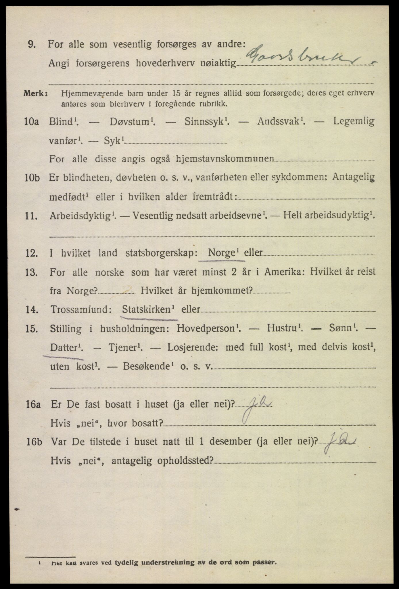 SAK, 1920 census for Tonstad, 1920, p. 1599