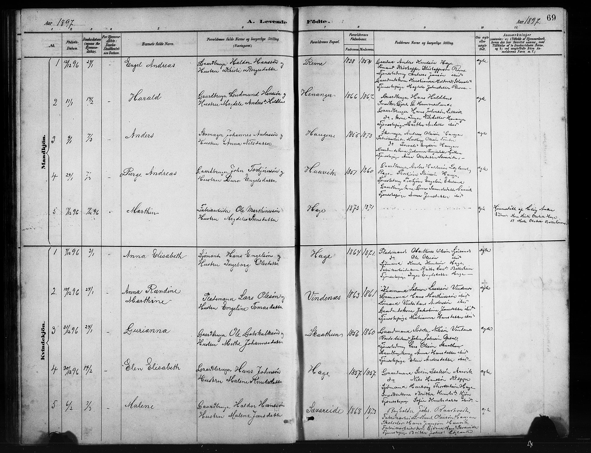 Fusa sokneprestembete, SAB/A-75401/H/Hab: Parish register (copy) no. C 2, 1886-1926, p. 69