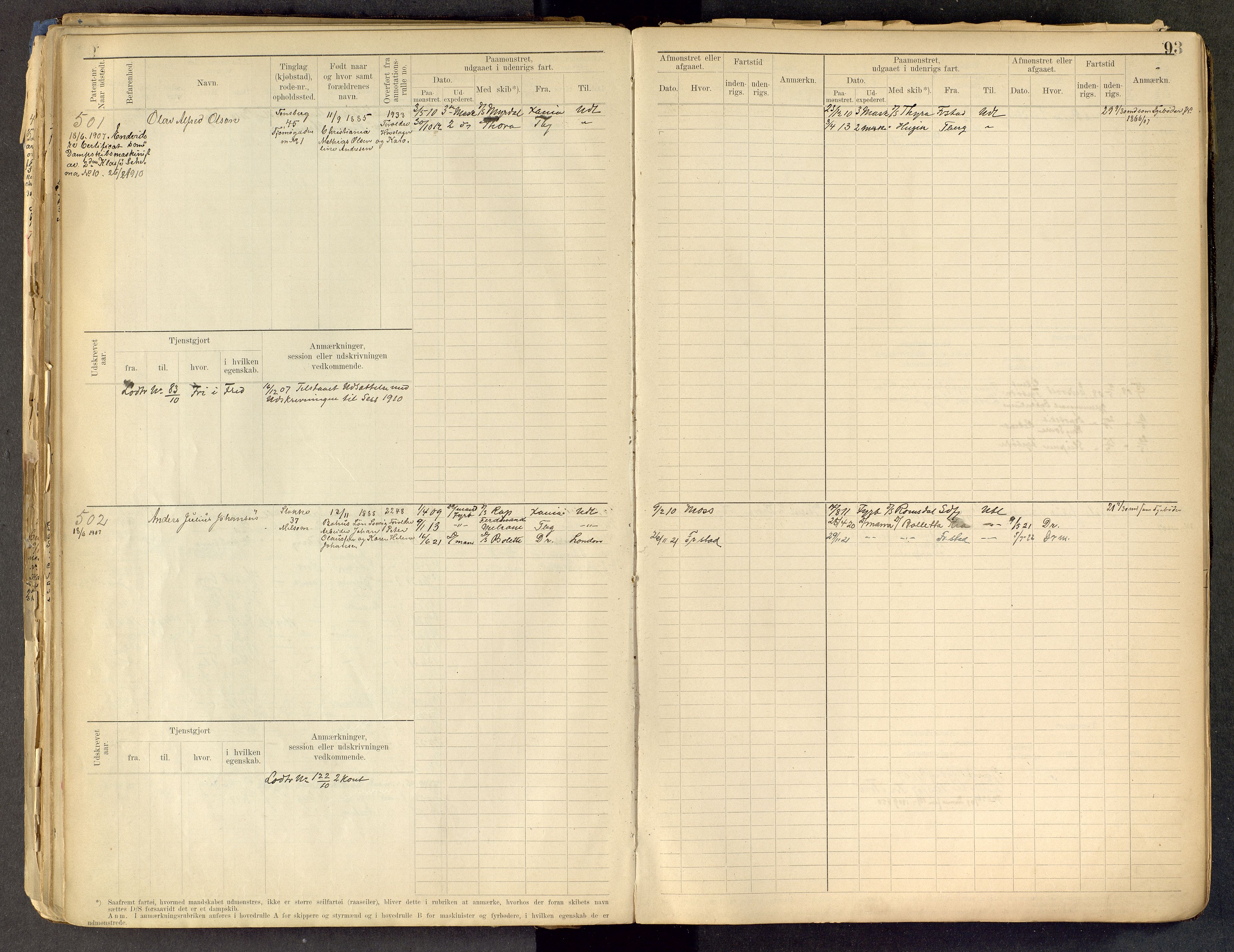 Tønsberg innrulleringskontor, SAKO/A-786/F/Fe/L0002: Maskinist- og fyrbøterrulle Patent nr. 315-1110, 1902-1924, p. 93