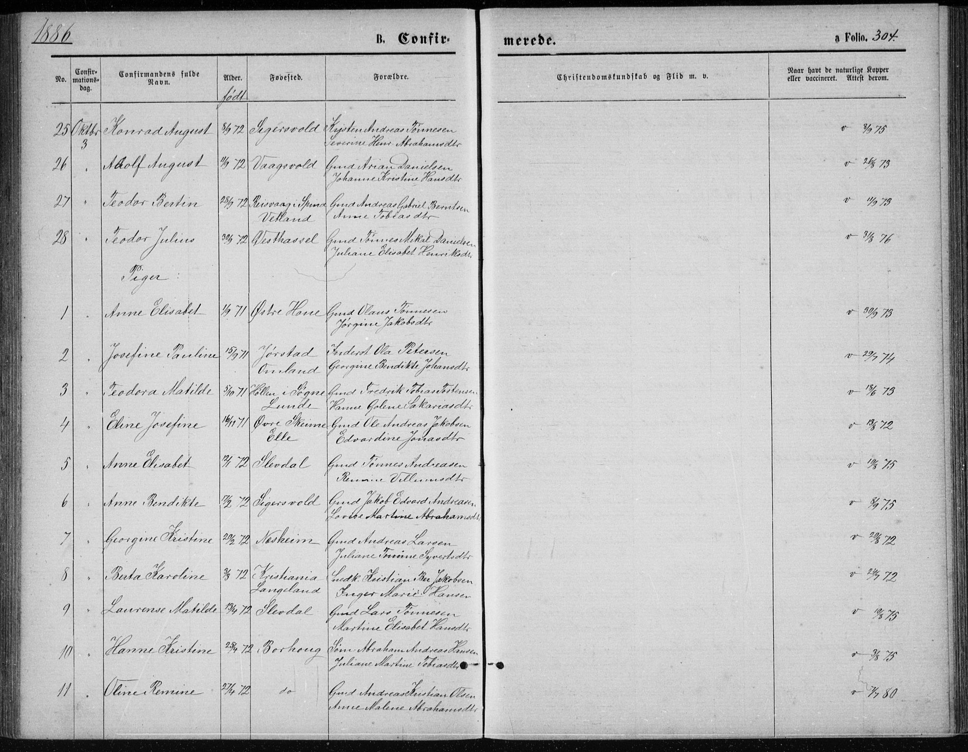 Lista sokneprestkontor, SAK/1111-0027/F/Fb/L0004: Parish register (copy) no. B 4, 1877-1891, p. 304