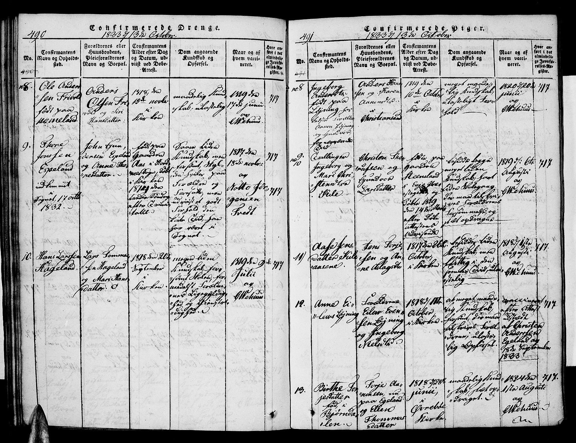 Vennesla sokneprestkontor, SAK/1111-0045/Fa/Faa/L0003: Parish register (official) no. A 3, 1820-1834, p. 490-491