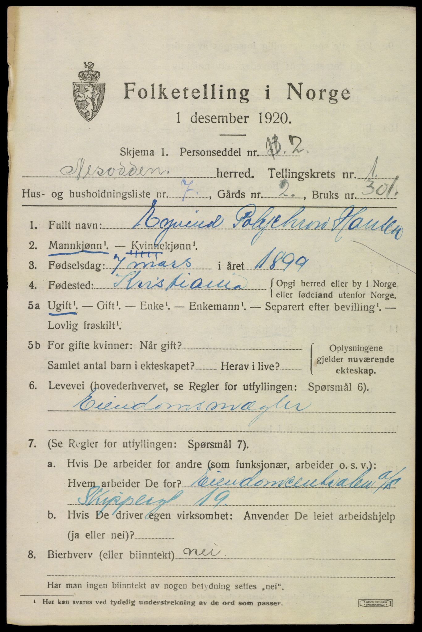 SAO, 1920 census for Nesodden, 1920, p. 1811