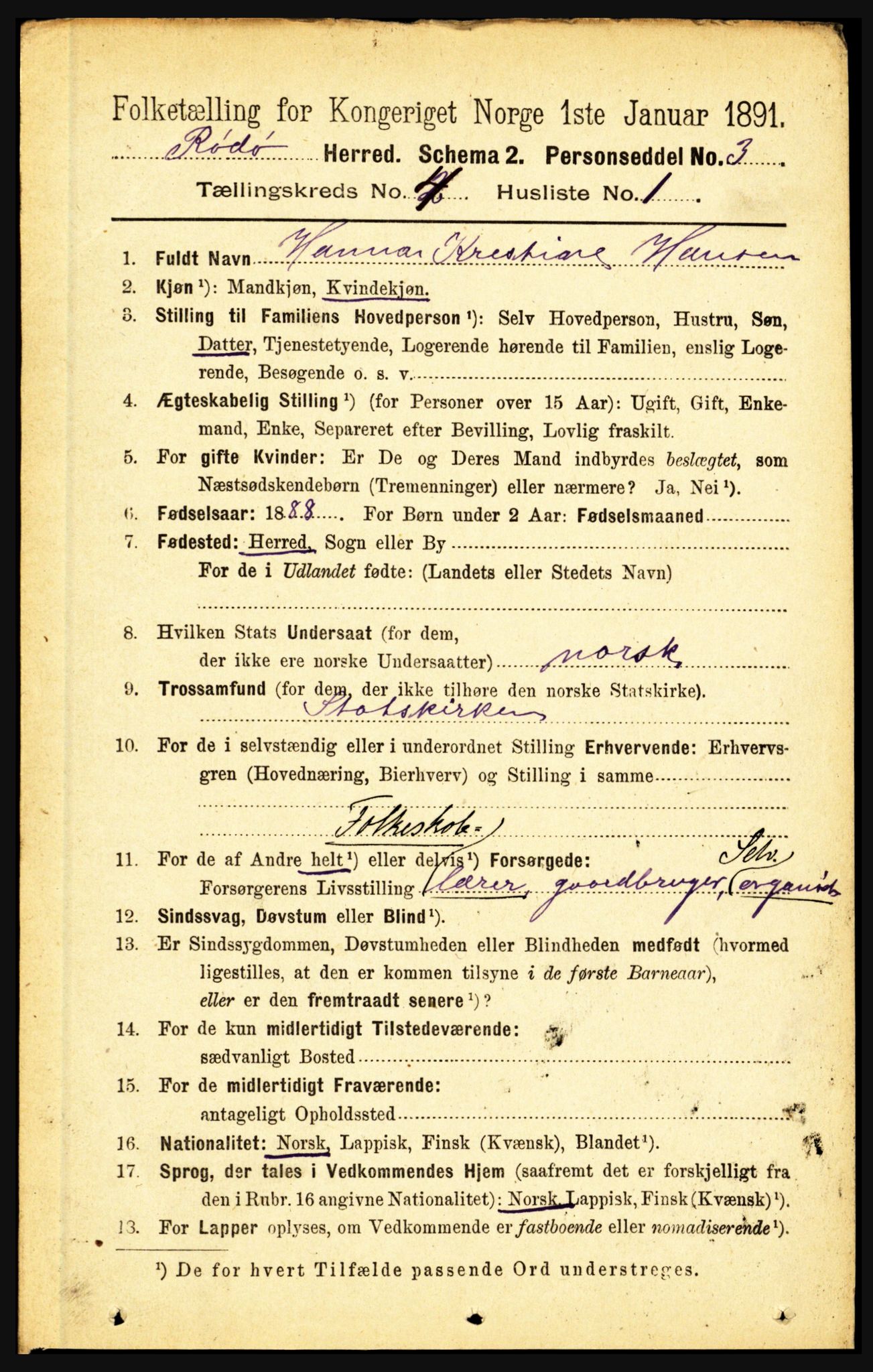 RA, 1891 census for 1836 Rødøy, 1891, p. 1587