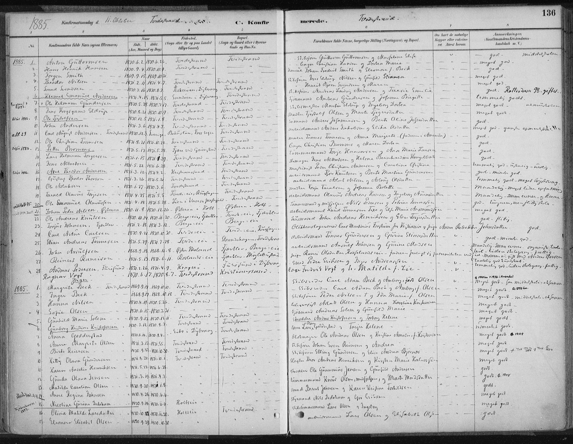 Tvedestrand sokneprestkontor, SAK/1111-0042/F/Fa/L0001: Parish register (official) no. A 1, 1885-1916, p. 136