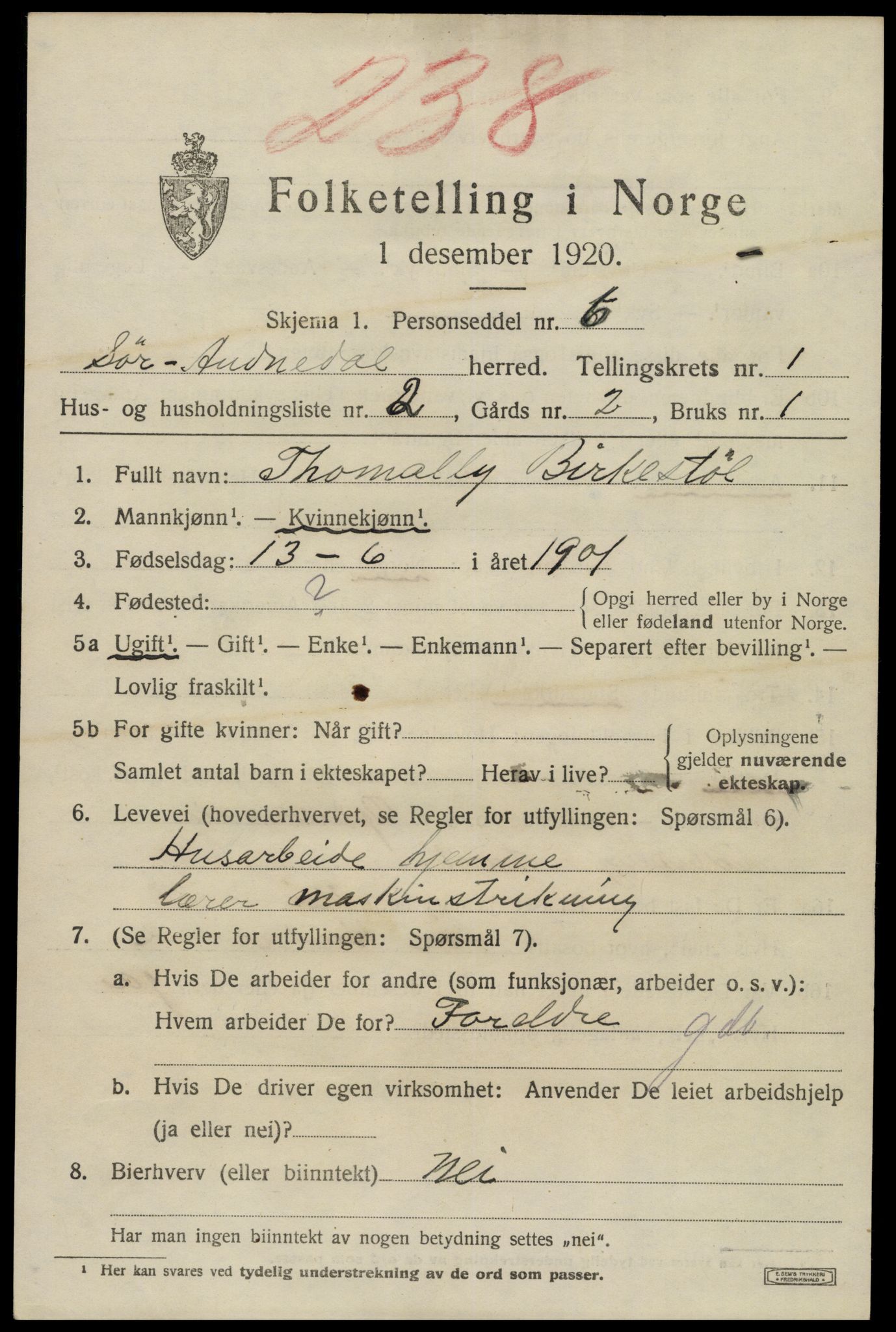SAK, 1920 census for Sør-Audnedal, 1920, p. 1475