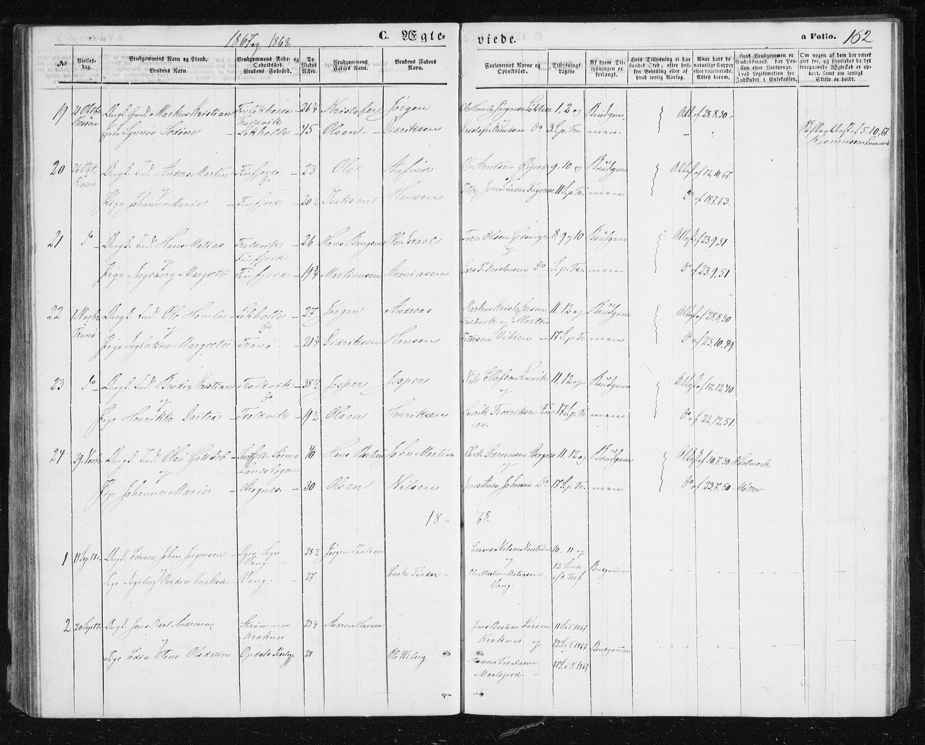 Lenvik sokneprestembete, SATØ/S-1310/H/Ha/Hab/L0004klokker: Parish register (copy) no. 4, 1859-1869, p. 162