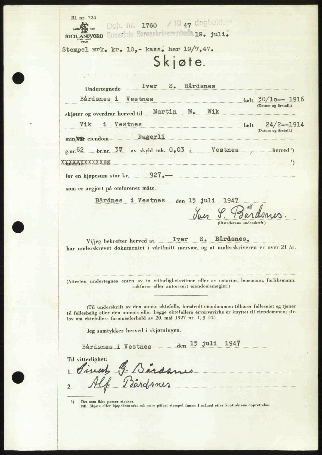 Romsdal sorenskriveri, AV/SAT-A-4149/1/2/2C: Mortgage book no. A23, 1947-1947, Diary no: : 1760/1947