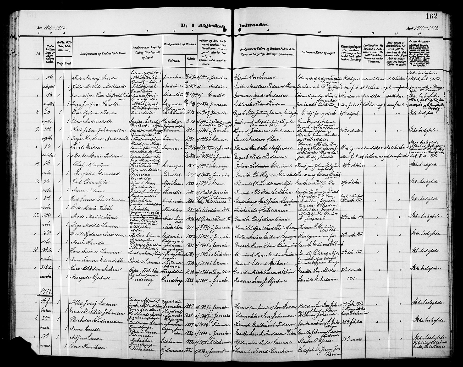 Jevnaker prestekontor, SAH/PREST-116/H/Ha/Hab/L0004: Parish register (copy) no. 4, 1907-1918, p. 162