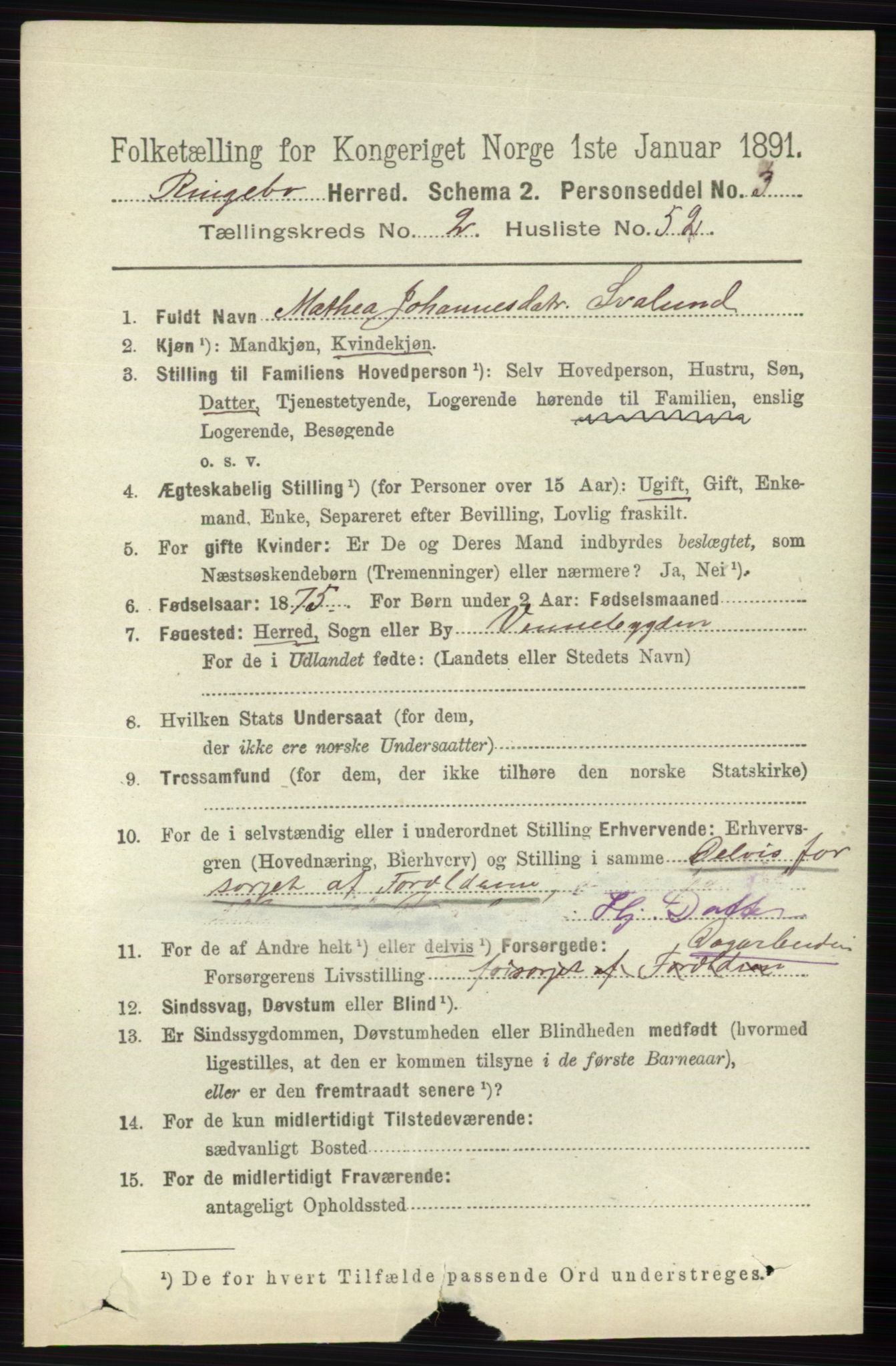 RA, 1891 census for 0520 Ringebu, 1891, p. 624