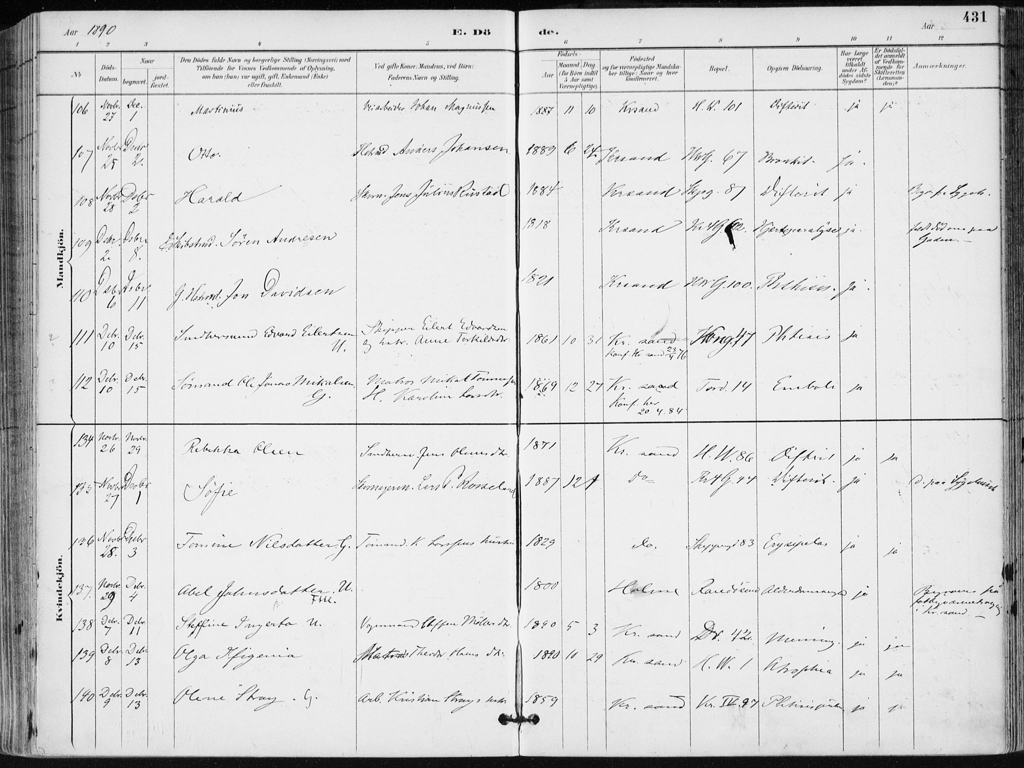 Kristiansand domprosti, SAK/1112-0006/F/Fa/L0019: Parish register (official) no. A 18, 1890-1897, p. 431