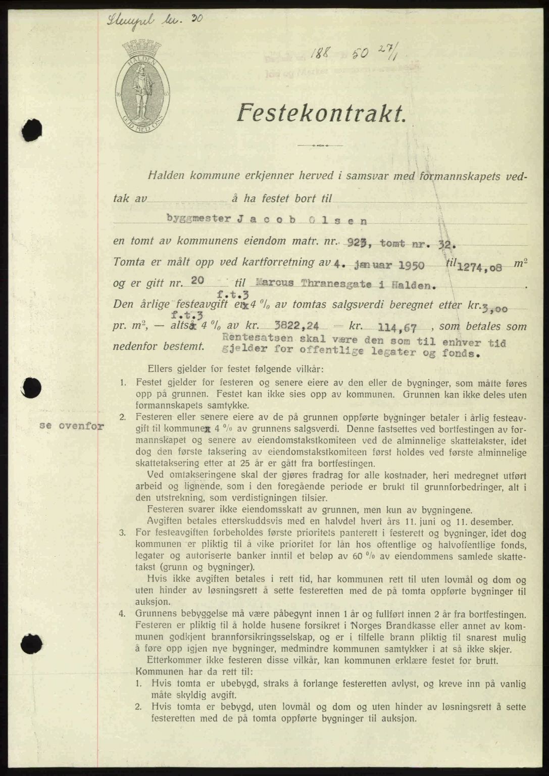 Idd og Marker sorenskriveri, AV/SAO-A-10283/G/Gb/Gbb/L0013: Mortgage book no. A13, 1949-1950, Diary no: : 188/1950