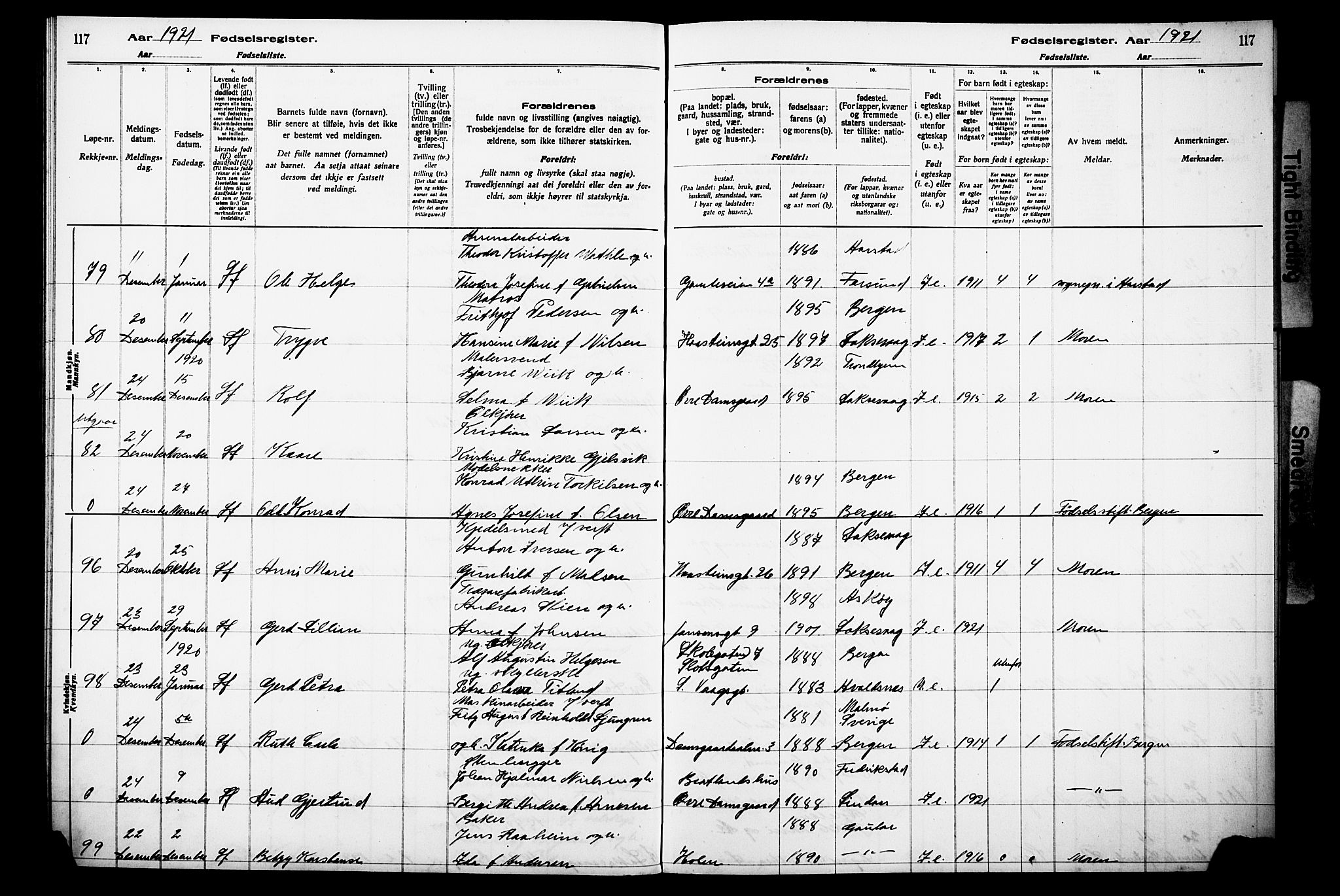 Laksevåg Sokneprestembete, AV/SAB-A-76501/I/Id/L00A1: Birth register no. A 1, 1916-1926, p. 117