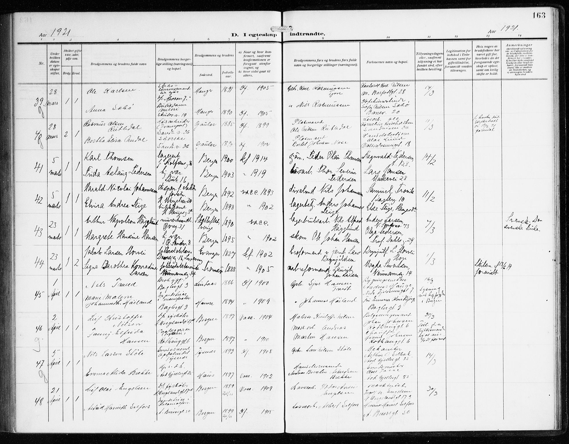 Sandviken Sokneprestembete, AV/SAB-A-77601/H/Ha/L0015: Parish register (official) no. D 2, 1911-1923, p. 163