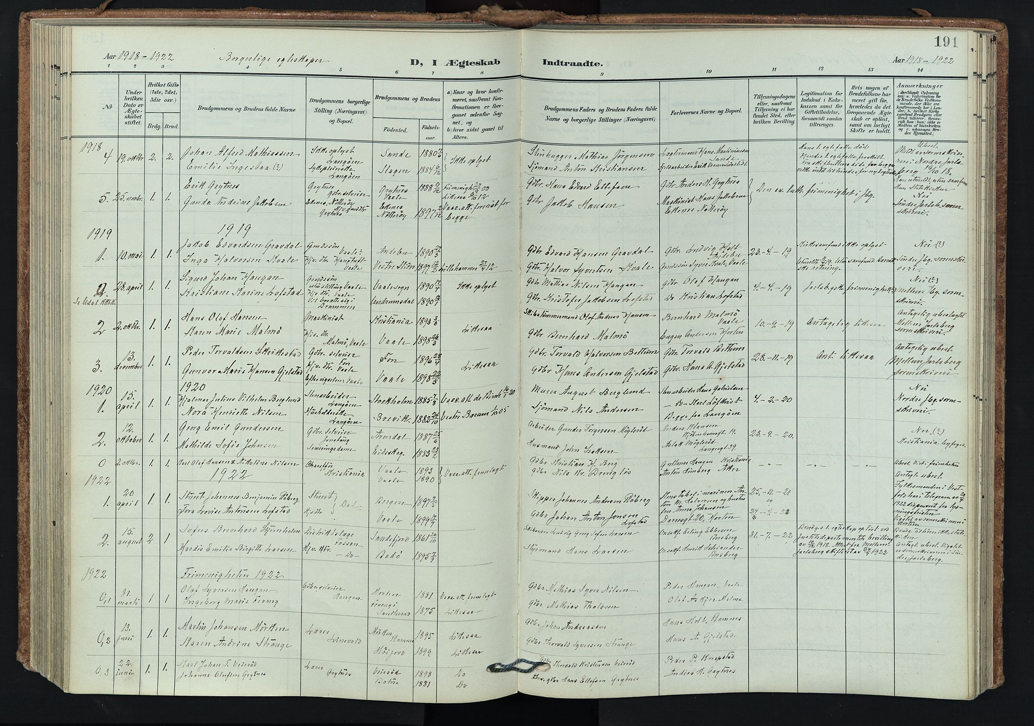 Våle kirkebøker, SAKO/A-334/F/Fa/L0012: Parish register (official) no. I 12, 1907-1934, p. 191