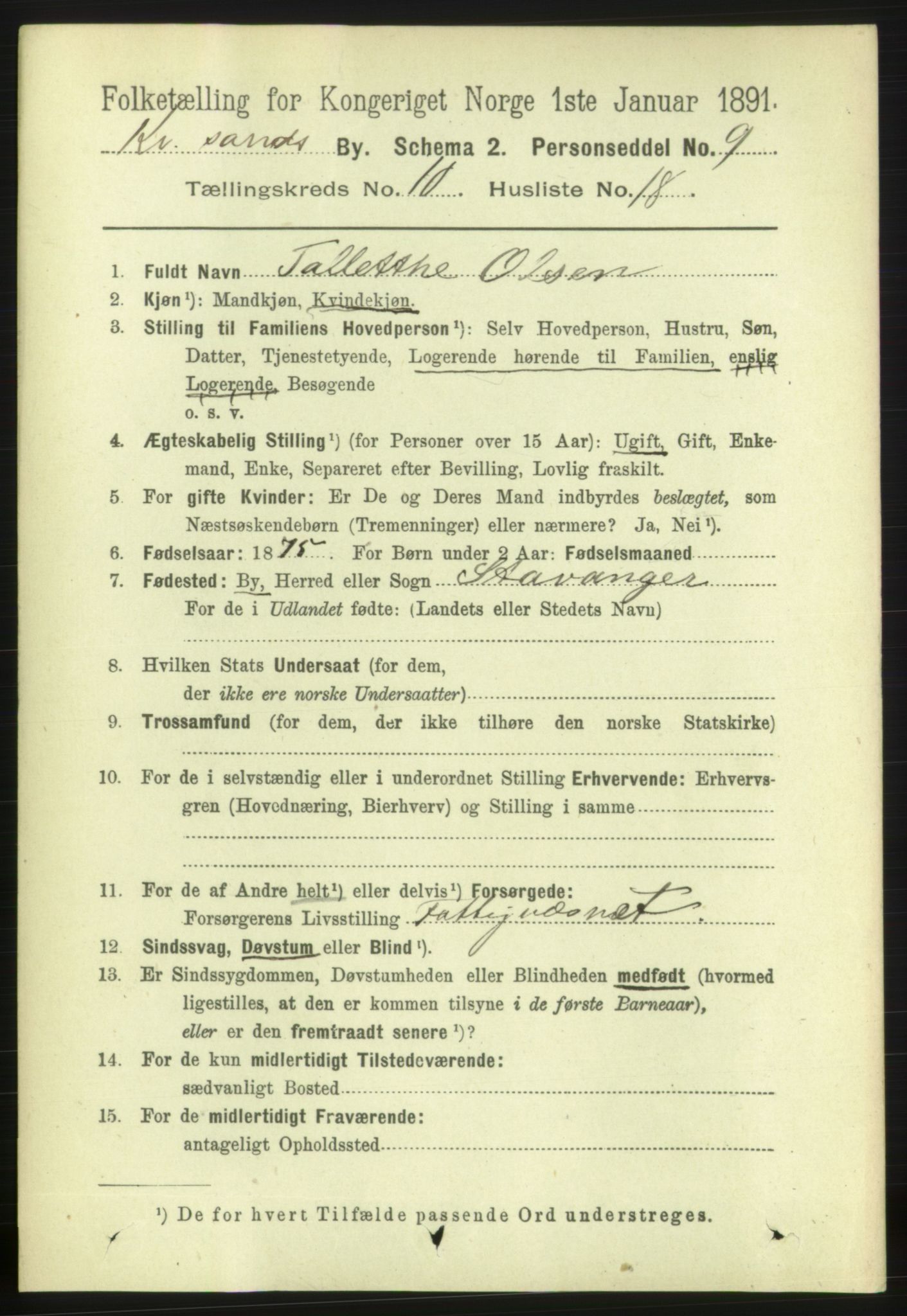 RA, 1891 census for 1001 Kristiansand, 1891, p. 5580