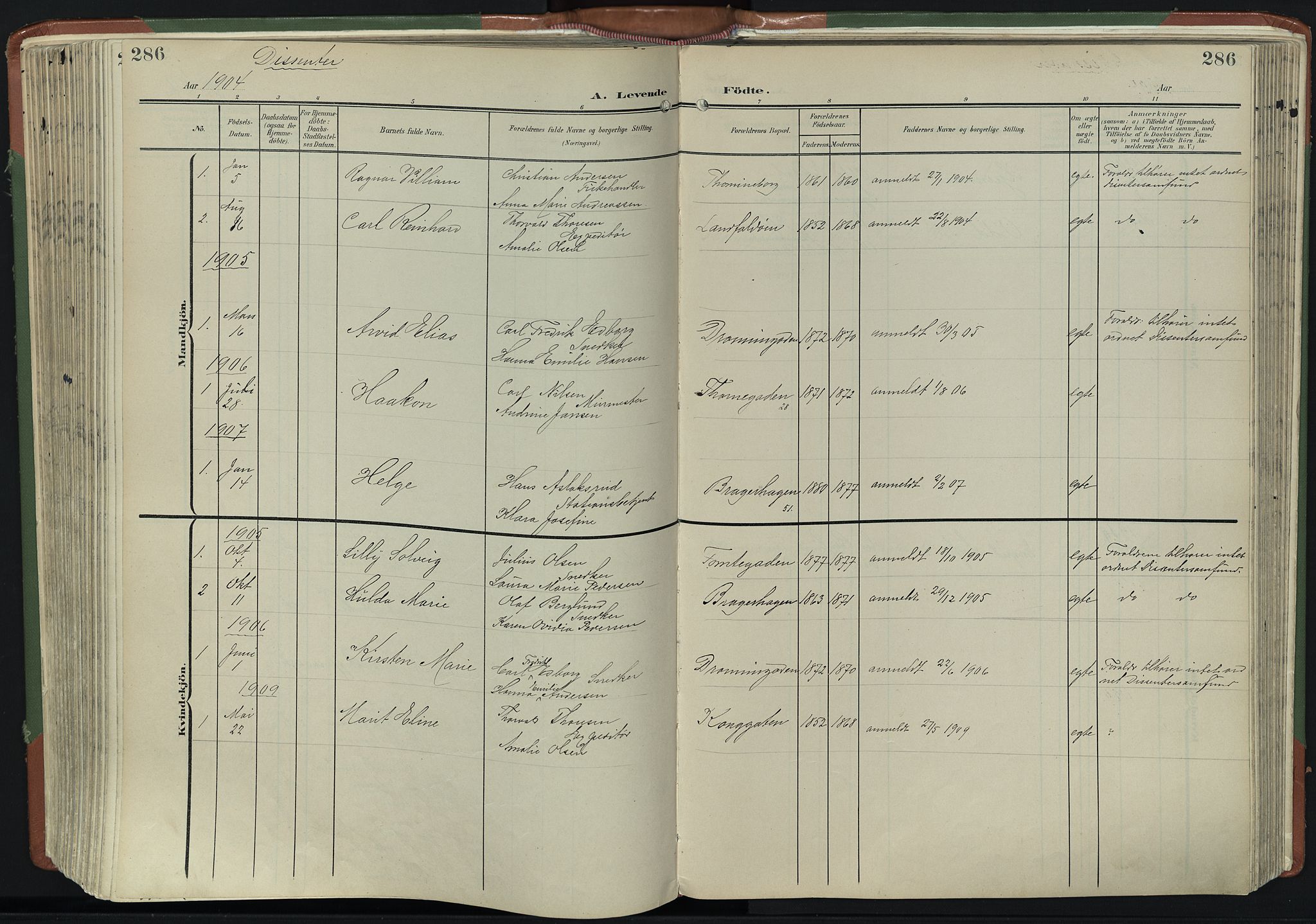 Bragernes kirkebøker, SAKO/A-6/F/Fb/L0009: Parish register (official) no. II 9, 1902-1911, p. 286